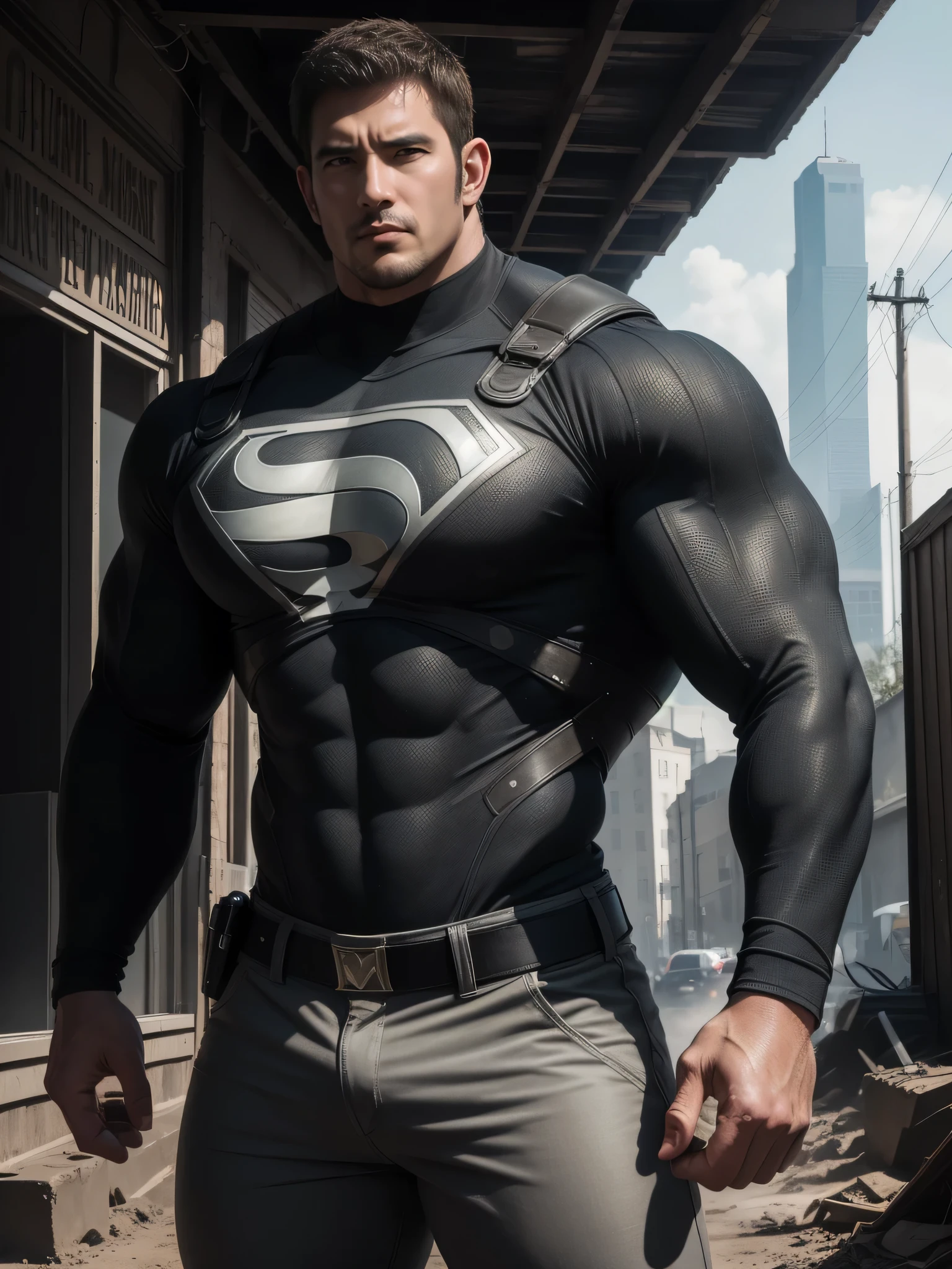 Angry super muscular man,  short hair，On a vintage outdoor street under the hot sun, Wear the long-sleeved superhero bodysuit in earthy grey, Body wrapped in mud，The clothes are dirty，There are mud stains，The expression is arrogant, Thick thighs, messy hair, Thick thighs, Off-White Turtleneck Long Sleeve Superhero Bodysuit, very tight, Regular symmetrical pattern, Highlight muscles, Police uniform pants, character concept（Resident Evil - chris redfield, chris redfield）A proud expression, Deep and charming eyes, Valiant male pose, tall Burly, muscular！muscular thighs, Tough Guy, Perfect facial features, High, Burly, Heqiang, Super exquisite and cool, High Resolution Committee, Attractive, The sun is blazing, Dazzling