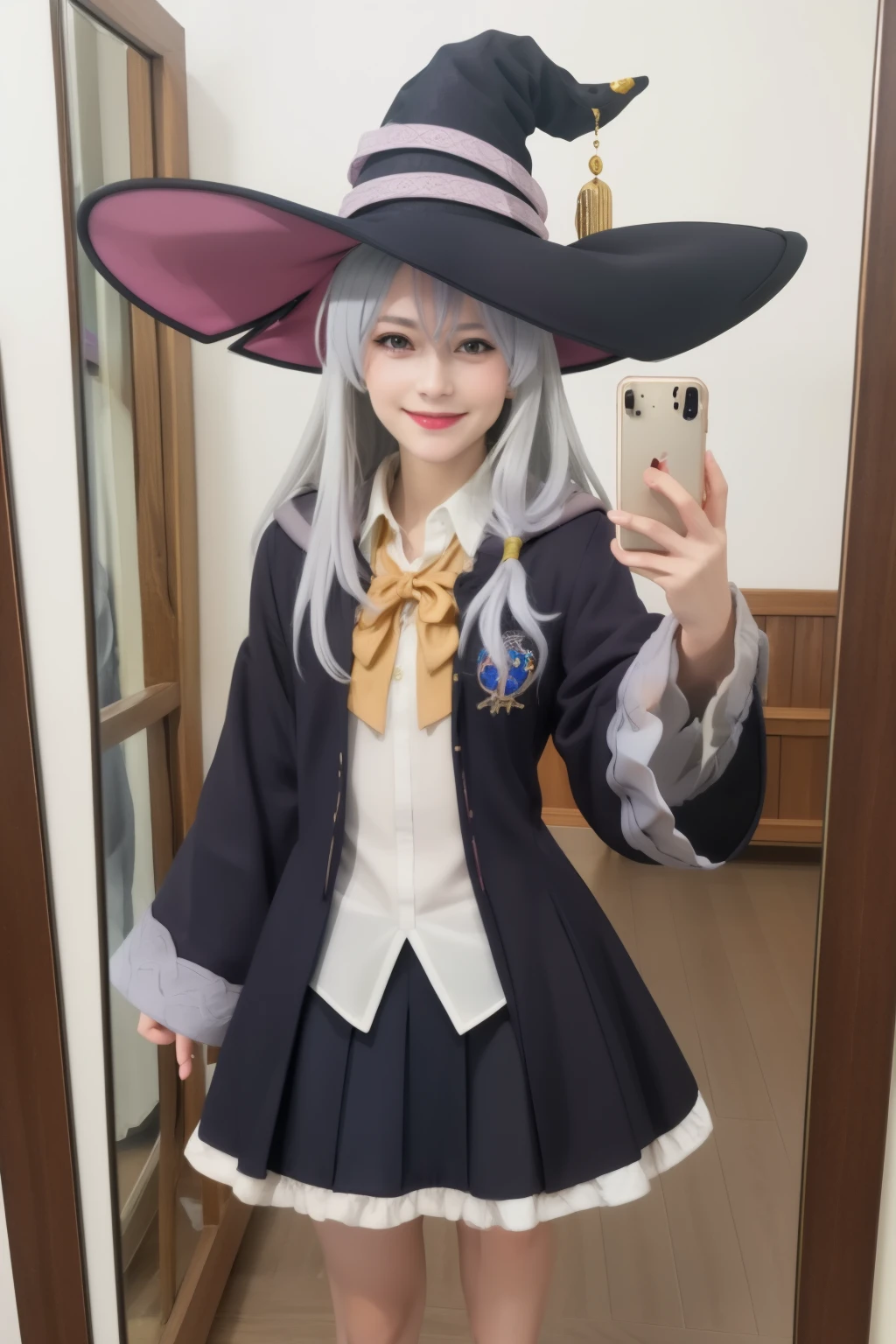 Masterpiece, hd, realistic, cosplayer
elaina, witch, wizard, elaina \(majo no tabitabi\), cosplay, 1girl, solo, 
open robe, collared shirt, long sleeves, wide sleeves, pleated skirt, witch hat, bowtie, frilled skirt, 
jewelry, badge, smile
long hair, bangs, hair between eyes, grey hair, hair ribbon, hair bow, 
looking at viewer, cowboy shot, standing, 
Indoor, mirror, mirror selfie, selfie, iPhone 