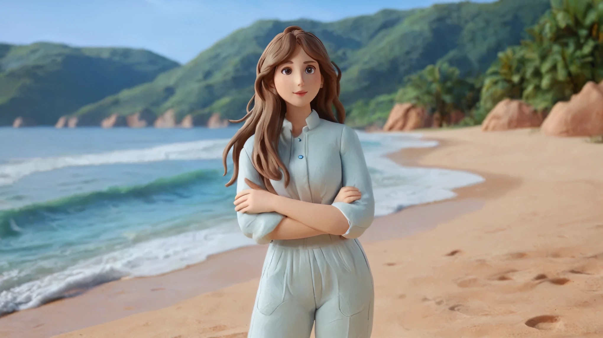 long-haired girl in white clothes on the beach，Clay Style，Cartoon
,Clay Animation, Clay, 