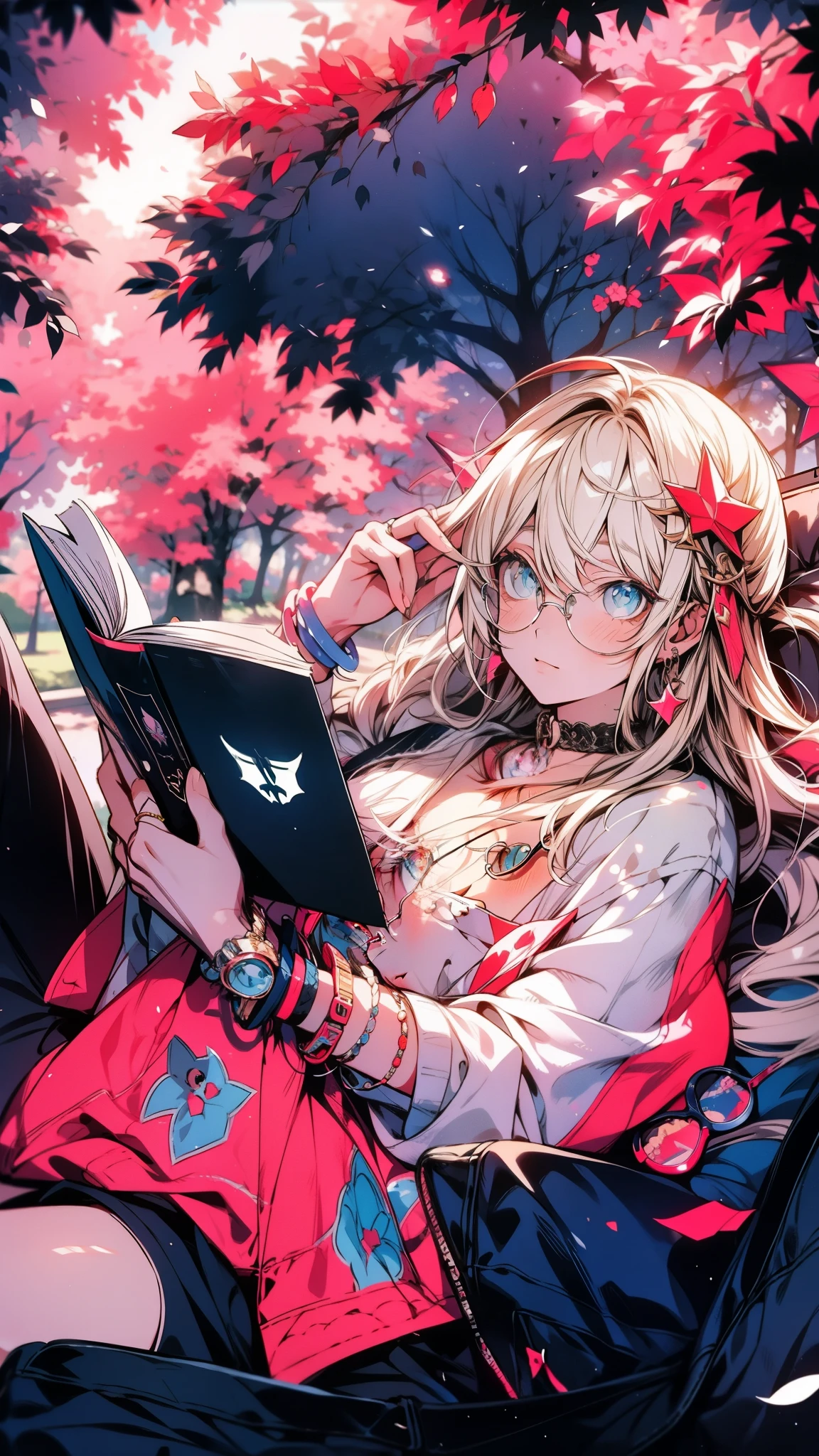 anime style, cool and edgy, A teenager lounging in a park, reading a book with a 2014 Tumblr aesthetic, surrounded by nature and wearing accessories like round glasses and vintage bracelets. The scene is peaceful and idyllic. Daylight, soft focus, serene atmosphere, vibrant pallete, abasterpiece)), ((best quality)), ultra detailed,((illustration)), dynamic angle, detailed light, (delicate eyes), (ahoge:0.8),apathy, ray，frontage，style of anime4 k， 4k anime, thicker outlines