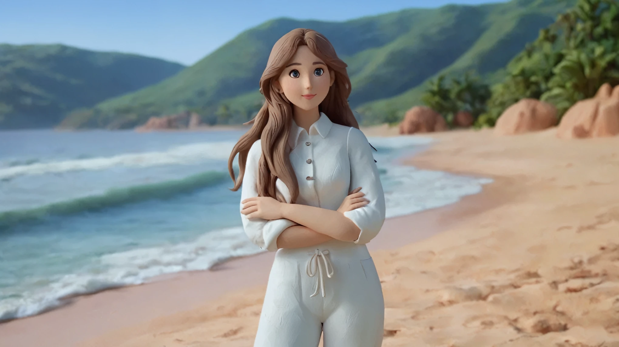 long-haired girl in white clothes on the beach，Clay Style，Cartoon
,Clay Animation, Clay, 