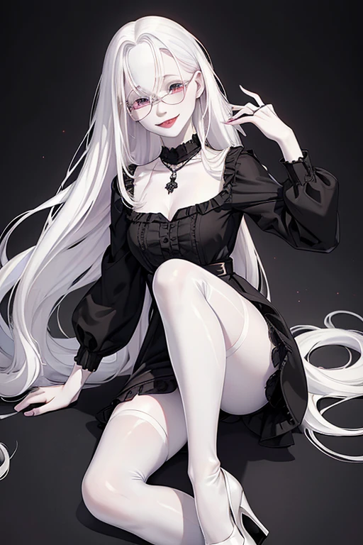 (black clothing), Cute 18 yo (albino:1.4)woman of Slavic descent.(short:1.1), , long white hair, gray eyes, ((very pale:1.4)). Innocent look. Gentle spirit.(virgin), (joy:1.2),(smile:1.3). (Playful:1.2). Mascara, eyeglasses, necklace, jacket, blouse, ruffle dress, (black pantyhose), high heels.