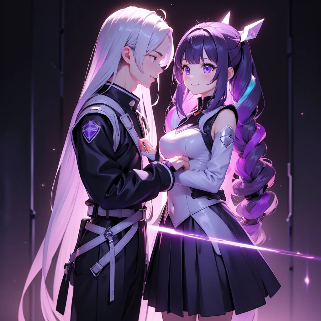 ちび男女のCouple、cute、3D Figure、（Masterpiece、highest quality、Official Art、The best composition、CG、16K、Super detailed、Detailed eyes、Golden Ratio）、Couple（1boy,1girl)、girl（Her hair is a milky white and purple gradient.、Double braid、Black and white diamond-shaped hair ornaments on both sides、purple eyes, long hair, twin braids, purple hair, multicolored hair, elbow gloves, bangs, very long hair,bare shoulders, black skirt, dress, smile, side cutout,covered navel, side cutout,cryptic girl）、boy（Her hair is a short, black and white gradient.、cyberpunk school uniform）、hologram、Disorganized、c0upl3