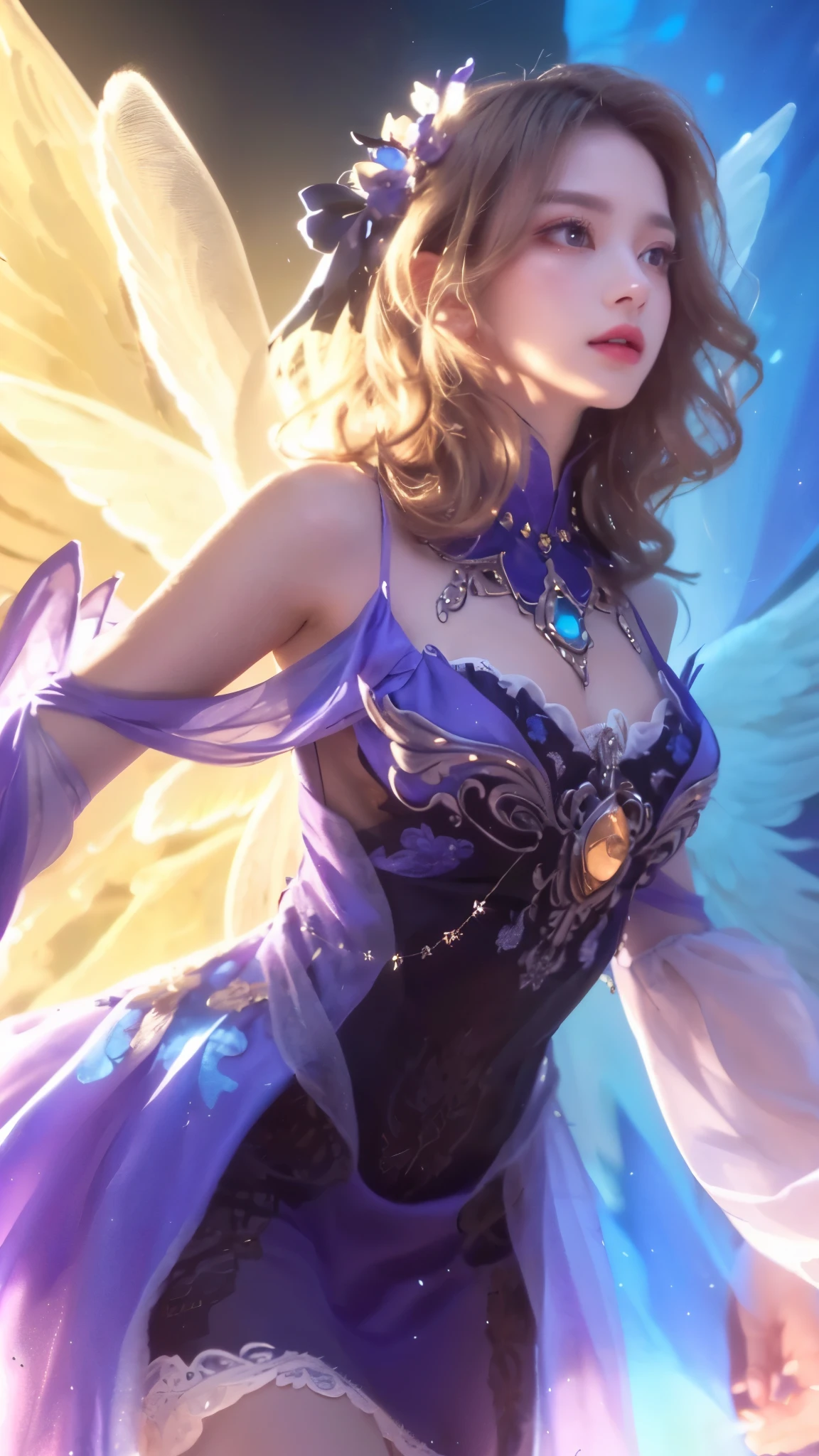 a beautiful woman in a purple dress with angelic wings, detailed face, delicate lips, piercing eyes, long eyelashes, detailed clothing folds, ornate jewelry, ethereal lighting, cinematic composition, dramatic colors, fantasy, intricate details, masterpiece, 8k, ultra-detailed, photorealistic, insteresting face expresion