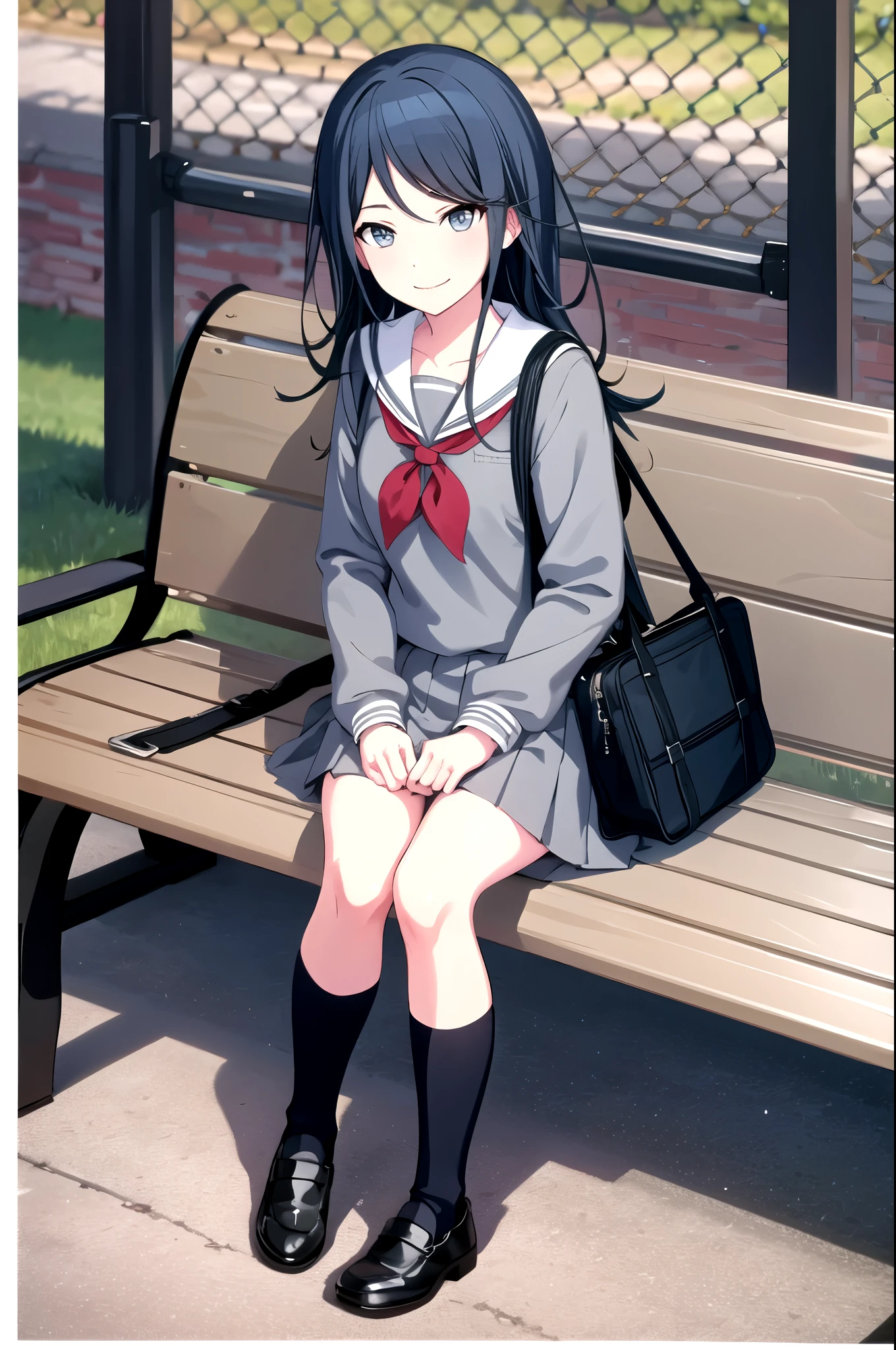 ichika3rd, skirt, shirt, long sleeves, holding, sitting, closed mouth, full body, pleated skirt, outdoors, sky, shoes, serafuku, day, socks, sailor collar, bag, black footwear, sweater, tree, blue sky, neckerchief, kneehighs, shadow, sunlight, black socks, loafers, building, grey shirt, red neckerchief, grey skirt, school bag, white sailor collar, knees together feet apart, sign, fence, dot nose, road, bench, bush, wide shot, grey sweater, chain-link fence, swing, park, smile