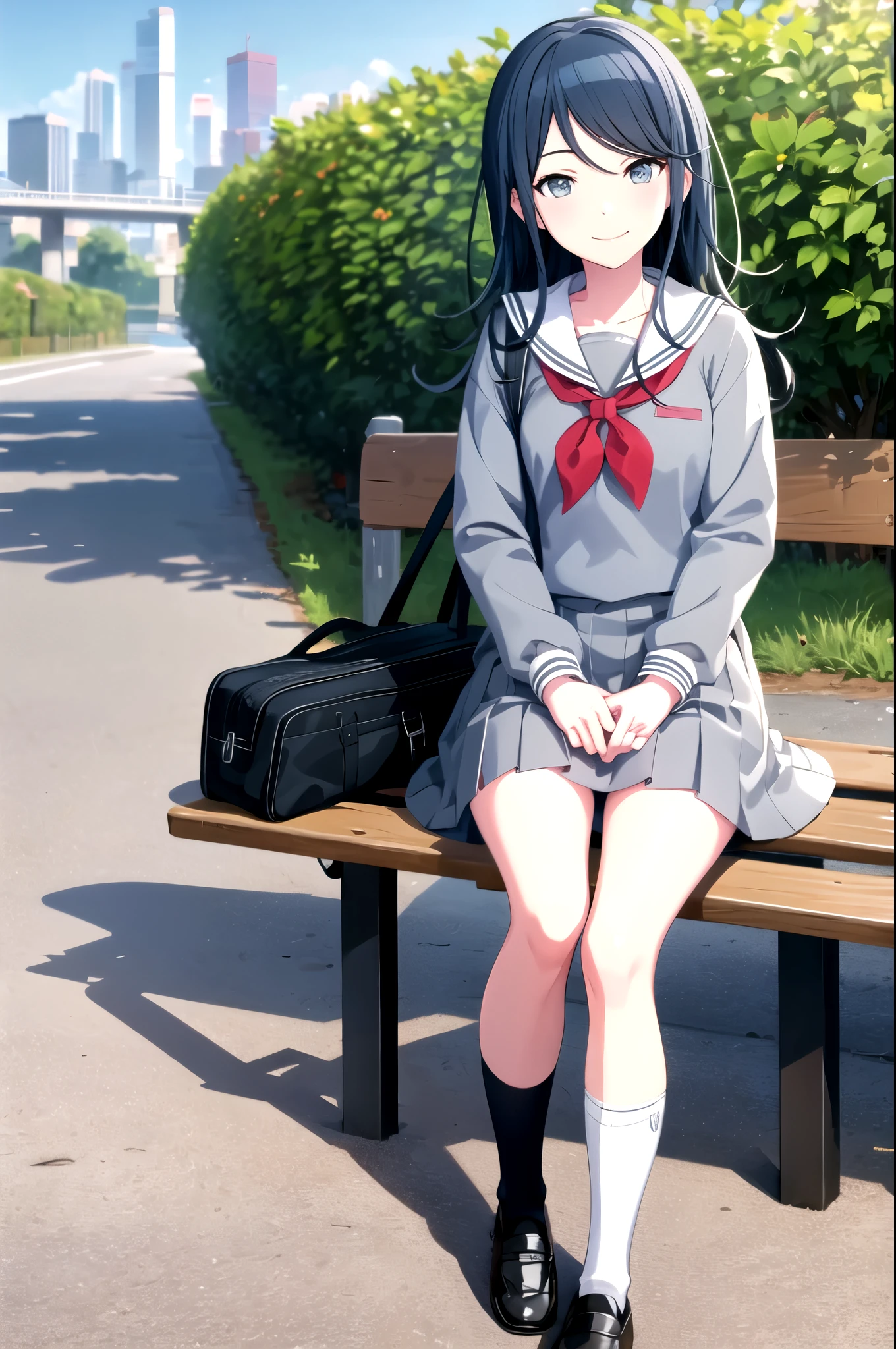 ichika3rd, skirt, shirt, long sleeves, holding, sitting, closed mouth, full body, pleated skirt, outdoors, sky, shoes, serafuku, day, socks, sailor collar, bag, black footwear, sweater, tree, blue sky, neckerchief, kneehighs, shadow, sunlight, black socks, loafers, building, grey shirt, red neckerchief, grey skirt, school bag, white sailor collar, knees together feet apart, sign, fence, dot nose, road, bench, bush, wide shot, grey sweater, chain-link fence, swing, park, smile