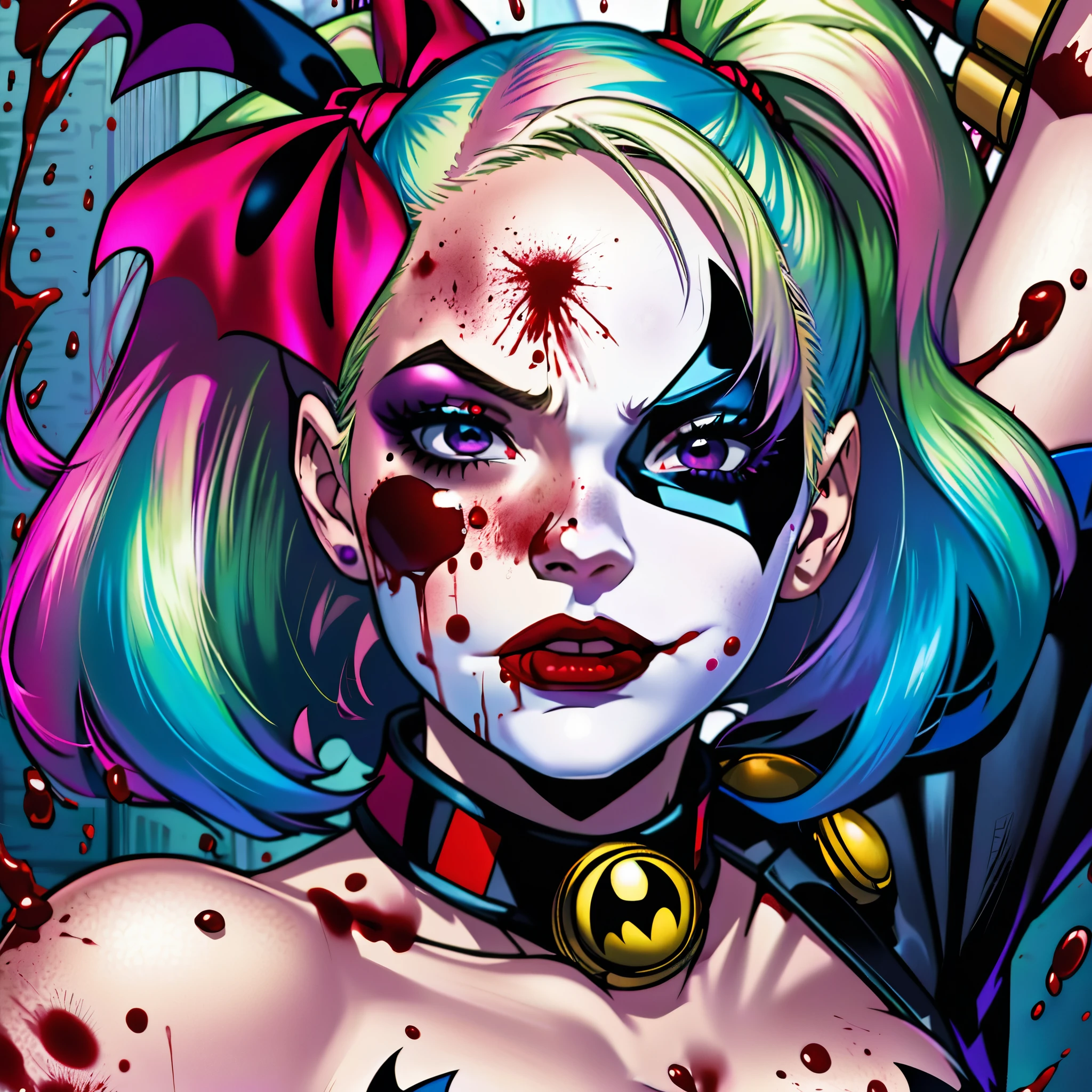 Batman foe Harley Quinn has just finished beating someone to death with a ball bat, blood spatter on her face, set in a bank, close up on her face