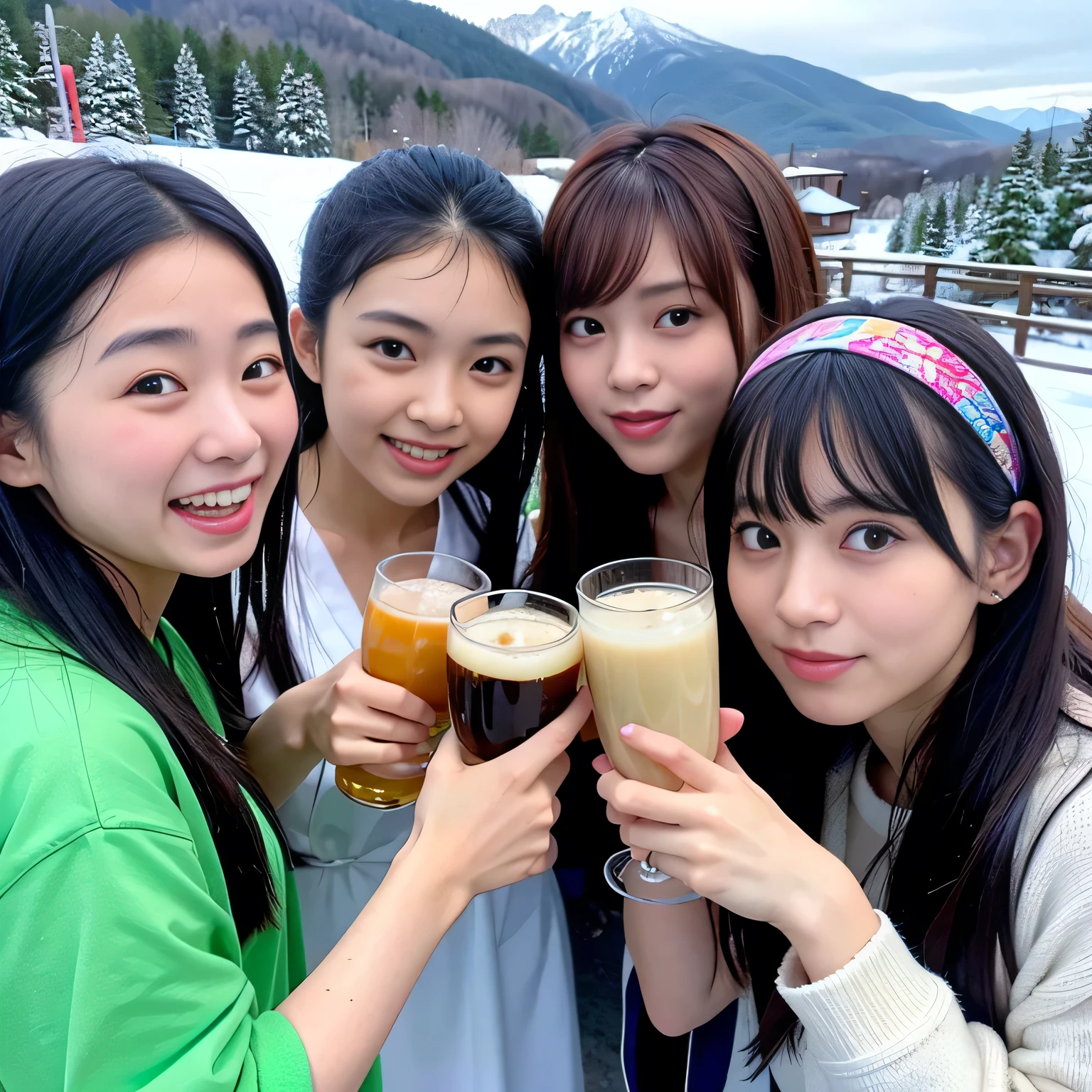 highest quality, masterpiece, Ultra-high resolution, (Realistic:1.4), Raw photo, Super detailed, Perfect Anatomy,
In the middle of the night, Three Girls, all s, All the most popular Japanese idols, A drinking party onowy mountain is a great success, From above, Face Focus, Everyone is drunk, Everybody laughs out loud, They all have very cute faces like famous Japanese idols., Very beautiful big black rouVery beautiful colorful hair, Very beautiful white skin, Detailed view of Mt. Daisetsu, Detailed drinking party