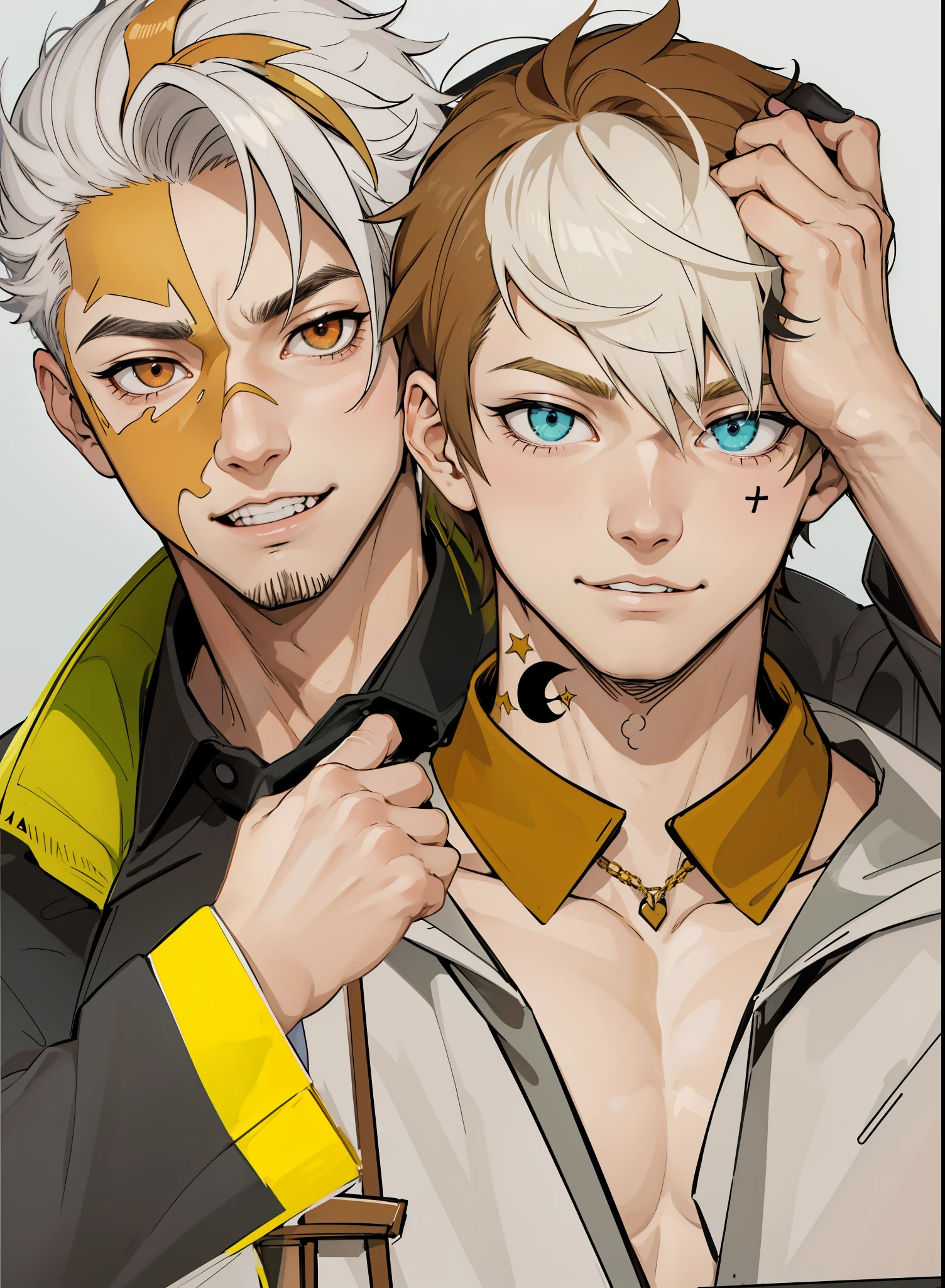 he takes the  with his hands he grabs him he is laughing evilly with mockery he is an evil villain (estilo anime 2d plano) esta riendose con mucha gracia y picardia tiene pena esta avergoncado pero se rie mucho 