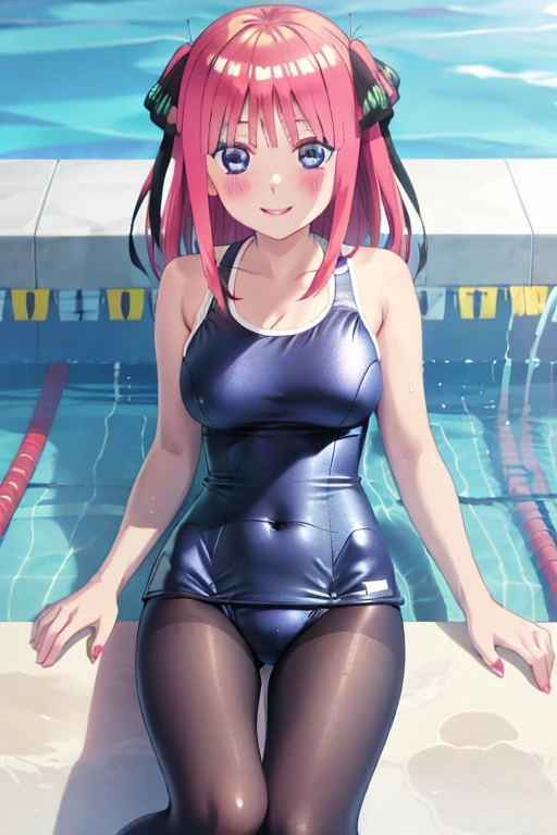 best quality, masterpiece, high quality, insanely detailed, nino nakano, one-piece swimsuit, breasts, pantyhose, blush, smile, in the swimming pool, legs spread