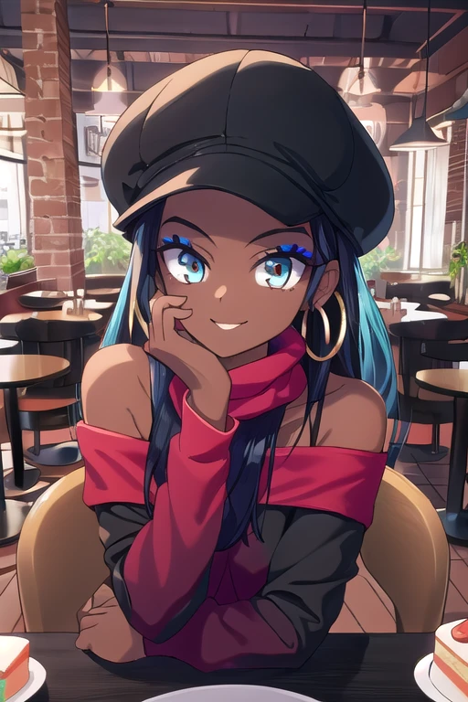 masterpiece, best quality, (Detailed face:1.2), (Detailed eyes:1.2), solo, 1girl, nessacasual, dark skin, makeup, smile, looking at viewer, red cabbie hat, red scarf, tan shirt, off shoulder, black lycra short skirt, pantyhose, hoop earrings, black high-heels, indoors, cafe, table, cake
