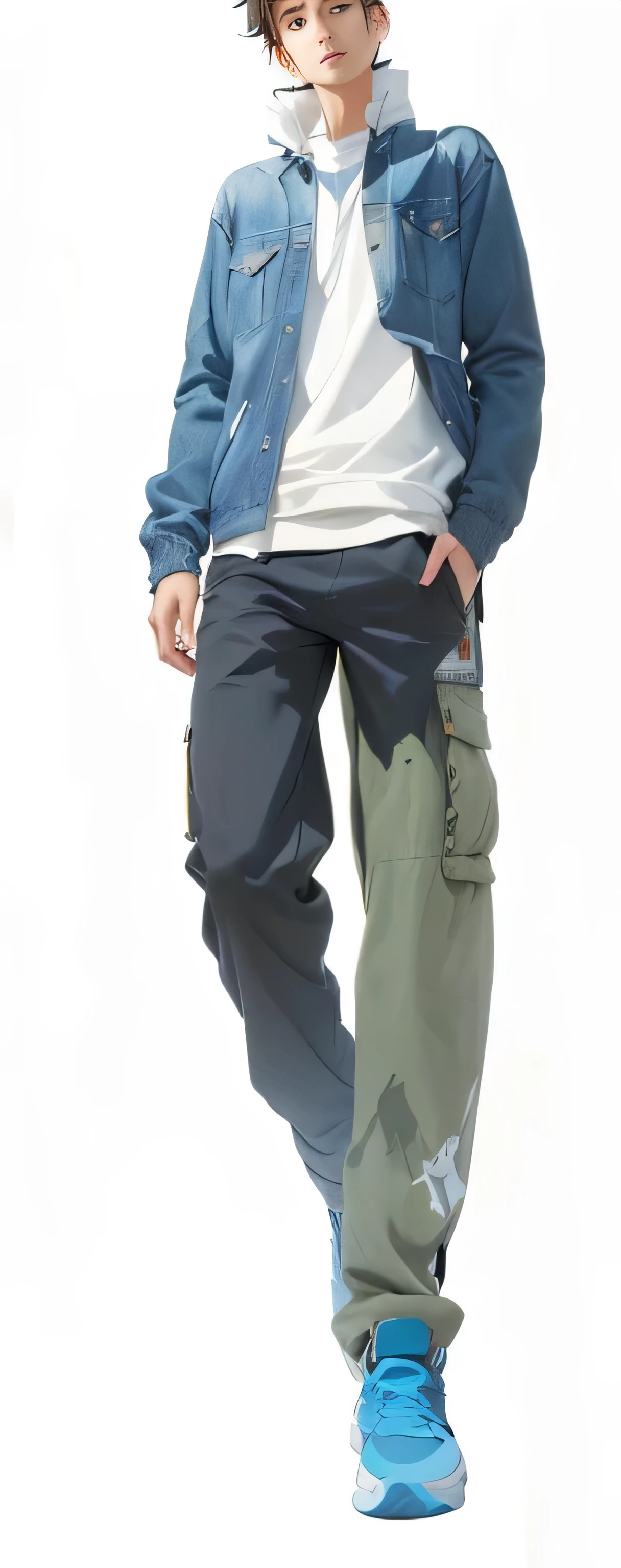 anime boy in blue jacket and grey pants standing with his hands in his pockets, wearing pants, baggy pants, anime full body illustration, tall anime guy with blue eyes, male anime character, made with anime painter studio, single character full body, makoto shinkai style, full body single character, wearing a baggy, anime style character, painted in anime painter studid,Rich in details,Masterpiece,Clean shaping,