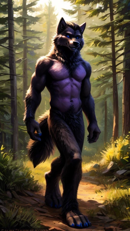 Sunlight, masterpiece, high quality,（whole body）， （teenagerfurry）,（hairy）, teenager, black Wolf, Black tail hairstyle,Purple eyebrows，blue eyes，Purple Iris Works, Have muscles, Detailed hands, Detailed feet，（Bigfoot），Blackback，Purple belly，Black arm，Black Leg，Purple Chin，Purple Neck，teal blue nails，Delicate face, Exquisite eyes, Detailed body, Flat body, Skinny,（Confident smiling emoticon），（（Showing wolf teeth））， paw, high resolution,  No shirt, No underwear, Forest background，daytime,  big eyes, Slim，（（looking directly at camera））,Kenket&#39;s Art