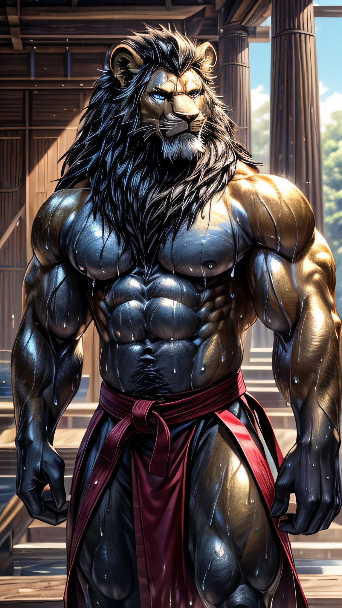 A tall and muscular slim golden lion, dark brown hair,ojos azules,(preciso: taparrabos muy feos), (Fondo: in a room with many chains, sombreado, only the golden lion standing straight ahead ,que las cadenas esten agarrando fuertemente manos, being dragged by the chains until the golden lion was stretched in the air , y sus piernas sin tocar el suelo.), (((bathed in pure sweat on his muscular body))),(((que no tape su pecho y six pack))).