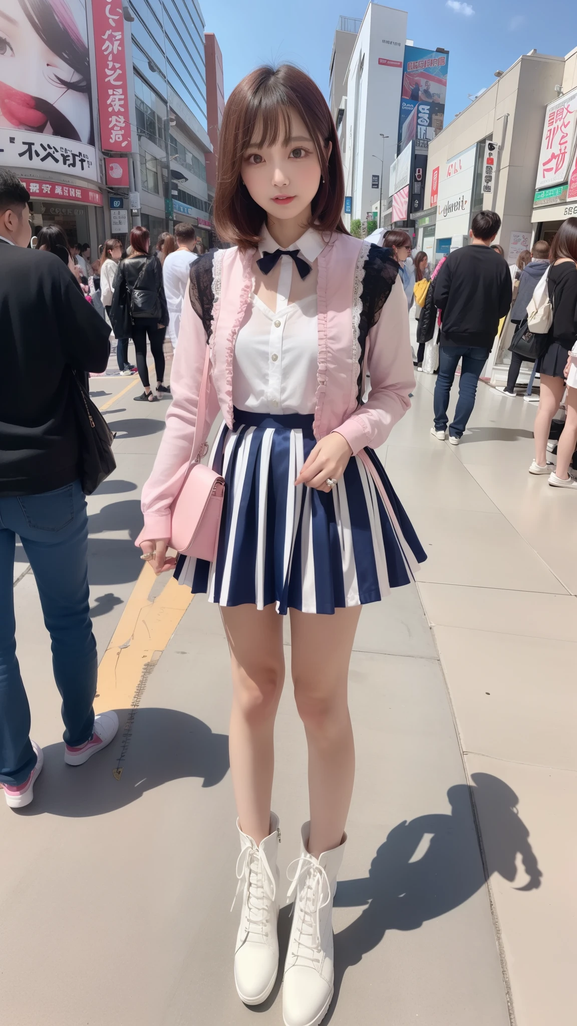 Costume like a idol, blue and white half sleeve Jacket, pink satin ruffled blouse, White and pink stripe pleated skirt, white lace up boots