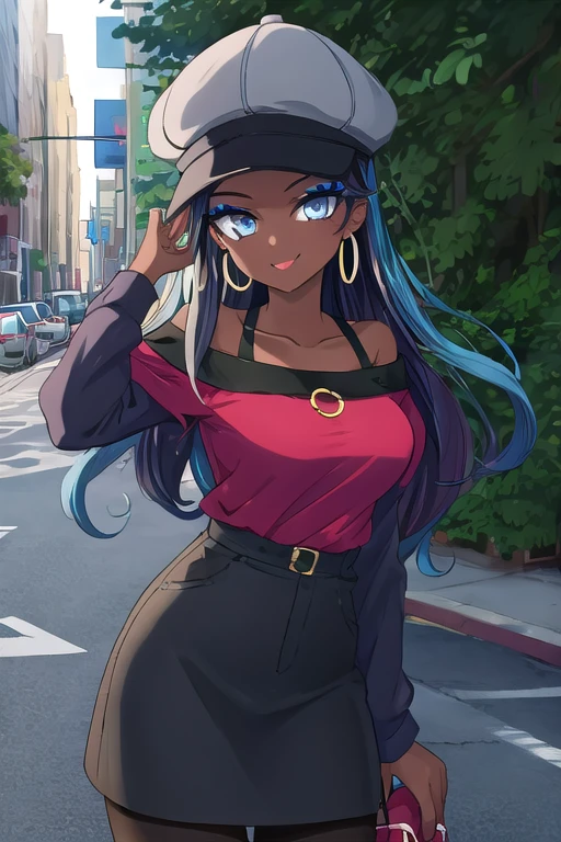 masterpiece, best quality, (Detailed face:1.2), (Detailed eyes:1.2), solo, 1girl, nessacasual, dark skin, makeup, smile, grey cabbie hat, red shirt, off shoulder, collarbone exposed, medium breasts, cleavage, black lycra short skirt, pantyhose, hoop earrings, black high-heels, hoop earrings, outdoors, city street
