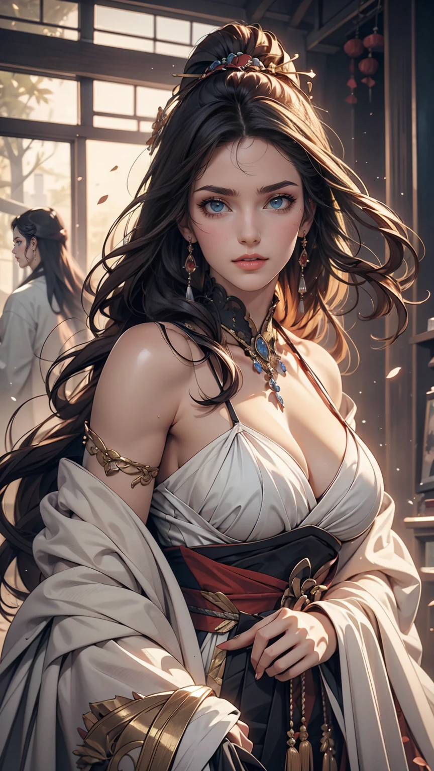 wgz style,Highly detailed portrait of a beautiful woman,Perfect female makeup,Classical Oil Painting,Shirow Masamune, William Tae Kim