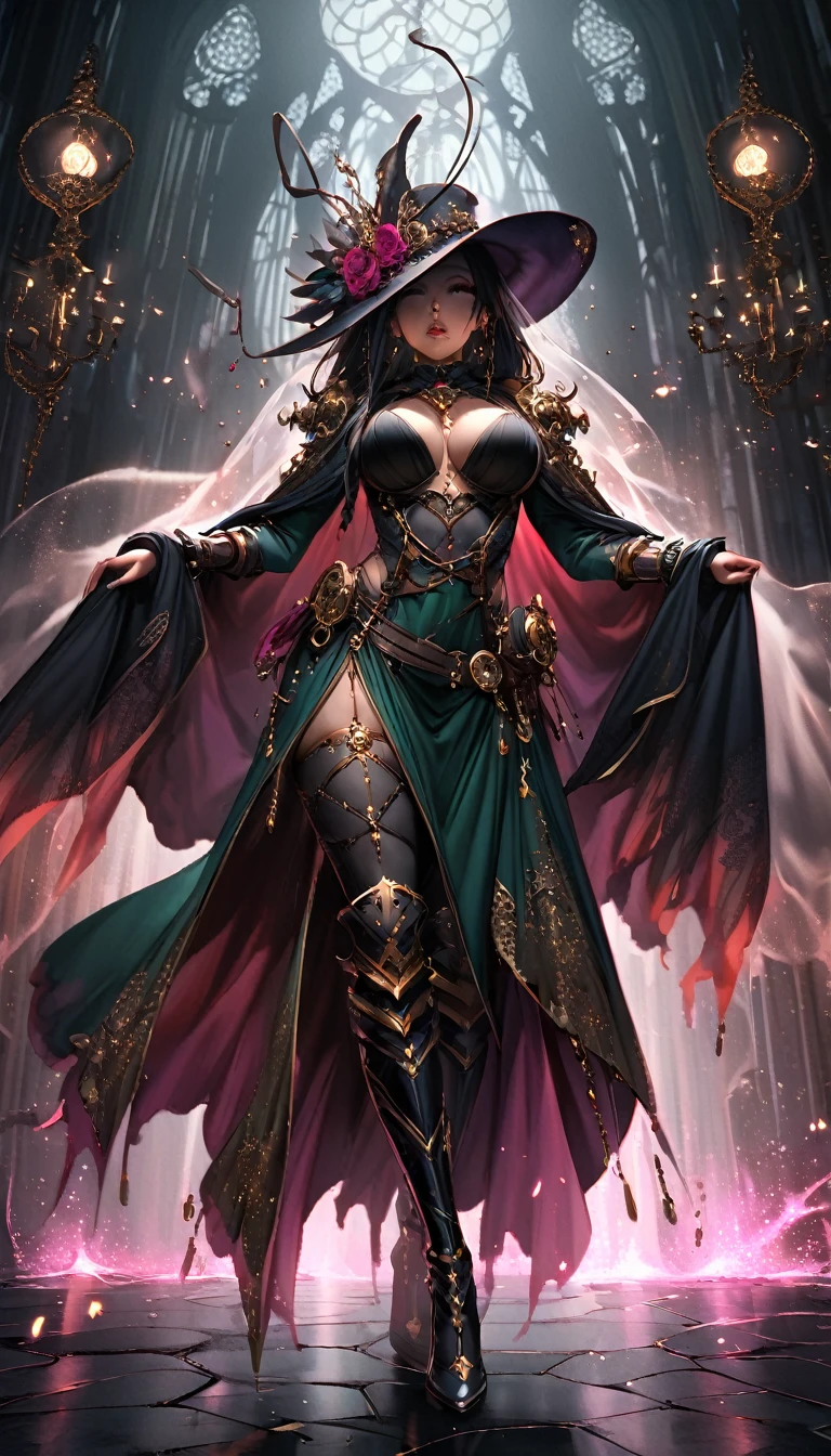 (masterpiece), (best quality:1.4), (perfect anatomy:1.4), high quality, expressive eyes, full body, detailed face, beautiful face, perfect face, {1 girl}, In her human form, Danua possesses an aura of mystery and quiet strength. She stands at a moderate height, around 5 feet 8 inches tall, with a slender yet athletic build that speaks of both grace and resilience. Her complexion is a rich, dark hue, reminiscent of polished mahogany, lending her an air of exotic beauty that sets her apart in any crowd. Danua's features are striking yet enigmatic, with high cheekbones, a sculpted jawline, and full lips that often curve into a thoughtful expression. Her eyes, a deep emerald green, hold a glint of intelligence and intensity, hinting at the depths of wisdom and experience hidden within. Cascading waves of black hair frame her face, falling in loose curls that dance with every movement, adding to her ethereal allure. She often keeps her hair partially concealed beneath a hooded cloak, adding to her mysterious aura. In her attire, Danua favors garments that blend functionality with elegance, often opting for dark colors and flowing fabrics that allow for of movement. She may be seen wearing a long, flowing cloak that billows behind her like a shadowy veil, adding to her air of mystique., dynamic lighting, 4k resolution, dynamic pose, gothic background, steampunk_costume, hat, curvy, gothicpunkai, jim lee, dark skin, dark skinned female, black hair, ((pants)), belts, dark cloak,