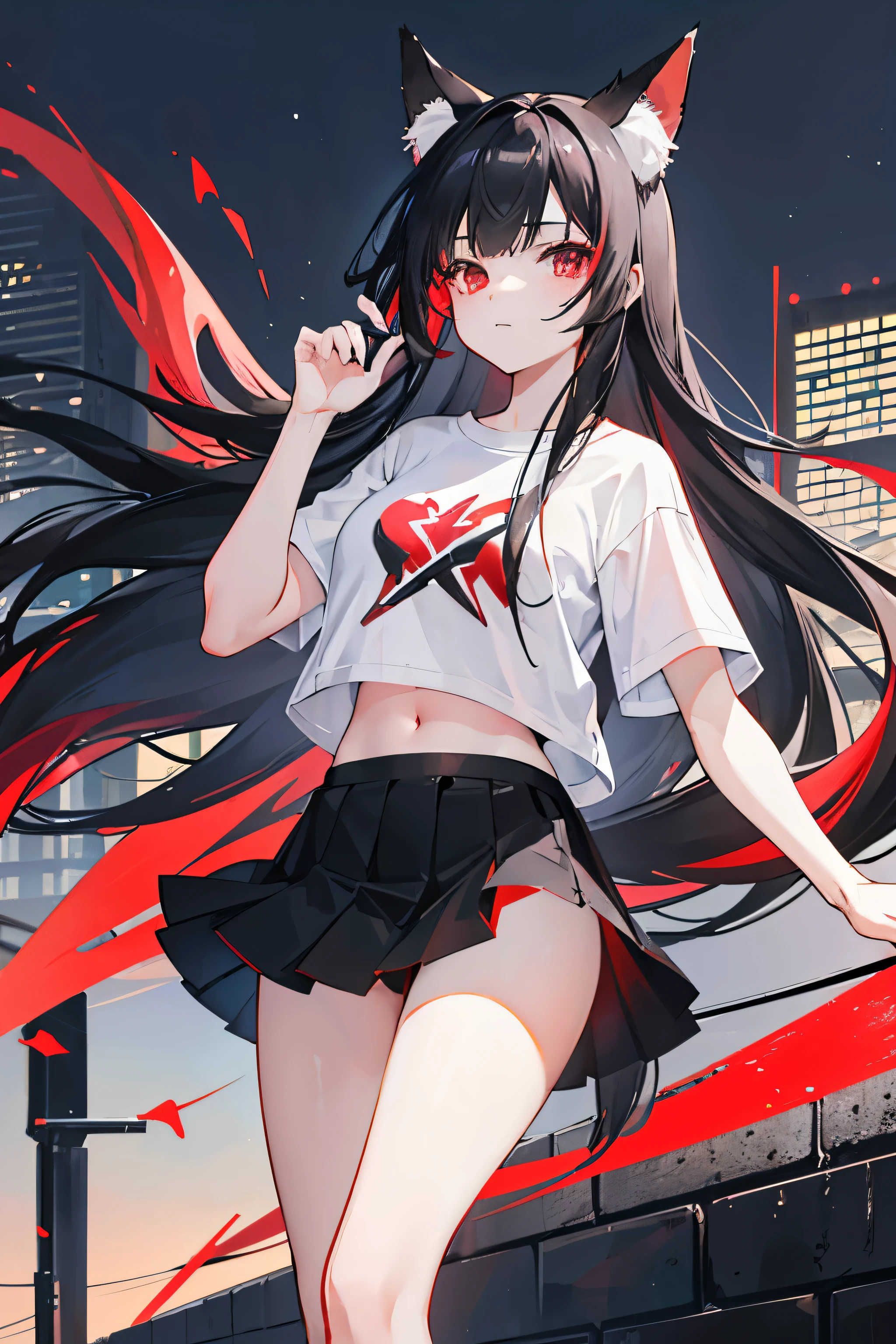 An 18-year-old girl with long black hair with red elements and red eyes, she has fox ears and a black tail. She is wearing a white T-shirt with red elements, a black skirt and black shoes. background of a low wall at night in the city center