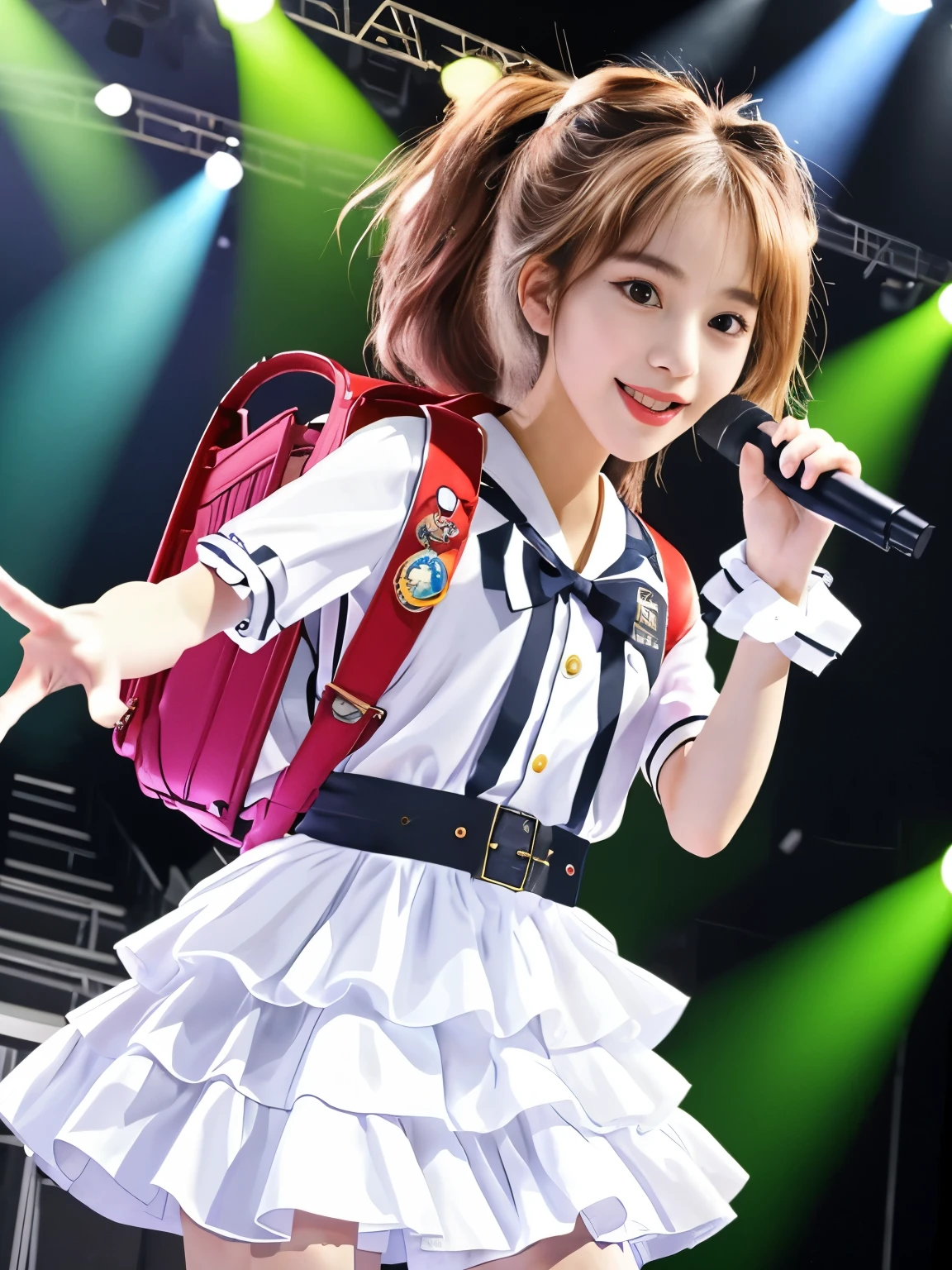 realisitic, Photorealsitic, masterpiece, top-quality, 1girl in, solo, in stage, Stage lighting, Stage Spotlight, looking at the viewers, a smile, idol_singing_costume, (pureerosface_v1:0.8),Korean Idol、Japan idle、actress、hposing Gravure Idol, wearing school backpack, (backpack:1.1)