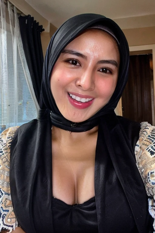 RAW photo, beautiful 26 y.o hijab woman, cute face, ((seductive pose)), ((cowboy shot)), ((open mouth)), solo, cleavage, gigantic breast, Set her against a dark, bedroom, wearing black dress, happy face, hard shadows, cinematic shot, dramatic lighting