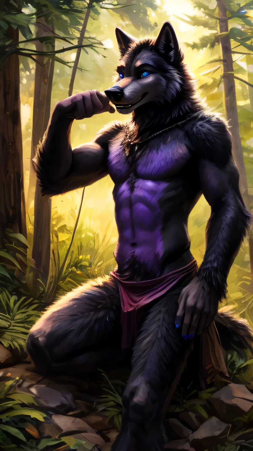 Sunlight, masterpiece, high quality,（whole body）， （teenagerfurry）,（hairy）, teenager, black Wolf, Black tail hairstyle,Purple eyebrows，blue eyes，Purple Iris Works, Have muscles, Detailed hands, Detailed feet，（Bigfoot），Blackback，Purple belly，Black arm，Black Leg，Purple Chin，Purple Neck，teal blue nails，Delicate face, Exquisite eyes, Detailed body, Flat body, Skinny,（Confident smiling emoticon），（（Showing wolf teeth））， paw, high resolution,  No shirt, No underwear, Forest background，daytime,  big eyes, Slim，（（looking directly at camera））,Kenket&#39;s Art