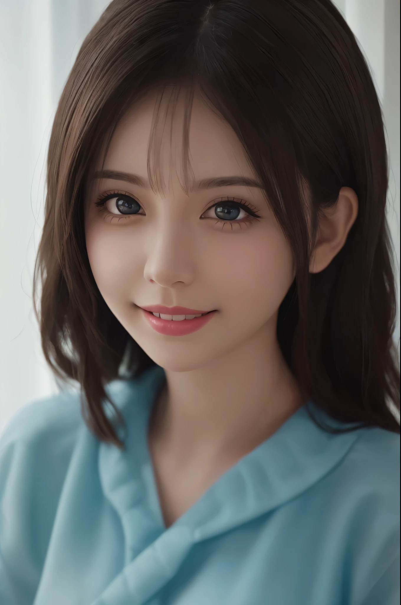 close-up portrait of a girl, fair skin, deep expressive eyes, sweet smile, soft lighting, blurred background, best quality, high resolution, ultra-detailed, realistic, portraits, vivid colors, studio lighting