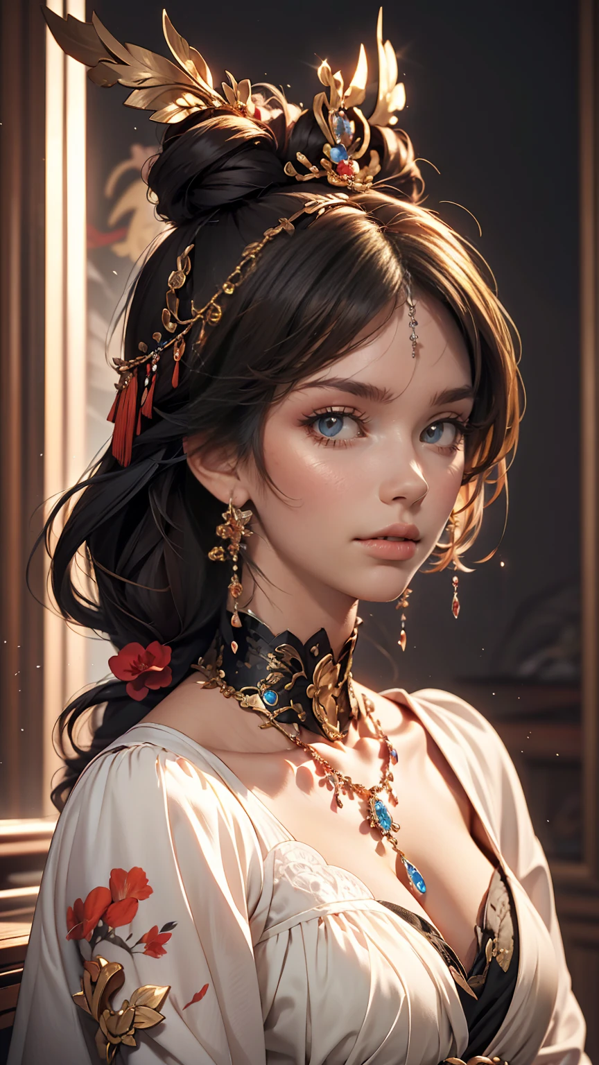 wgz style,Highly detailed portrait of a beautiful woman,Perfect female makeup,Classical Oil Painting,Shirow Masamune, William Tae Kim
