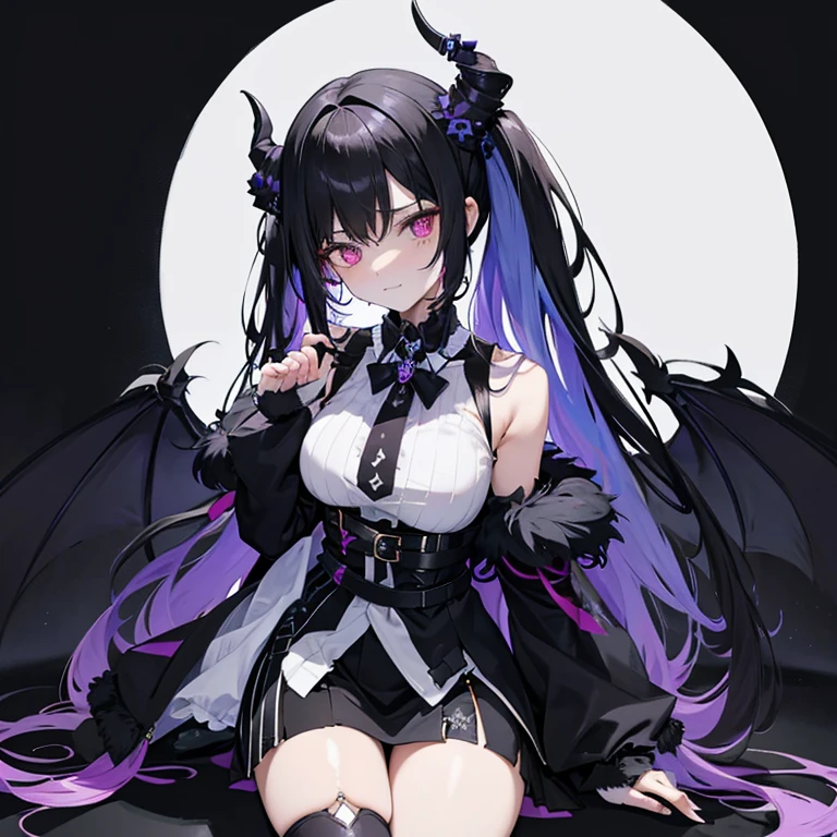 a gorgeous woman with long straight black hair with a purple inner side, decorated with two symmetrical horns that have a purple internal layer covered with a black one, the horns are also decorated with black flowers, she has dark purple eyes with demon-like pupils, a cocky smirk, beautiful detailed facial features, a striped shoulderless white shirt decorated with a black bow and a ruffled collar, the sleeves are covered with black fabric and resemble feathers at the edges, she wears black fingerless gloves, a sleeveless layered coat tied together with three crossed belts below her chest, asymmetrical high boots, sitting menacingly in a tree, best quality, 8k, ultra detailed, masterpiece, fantastic atmosphere