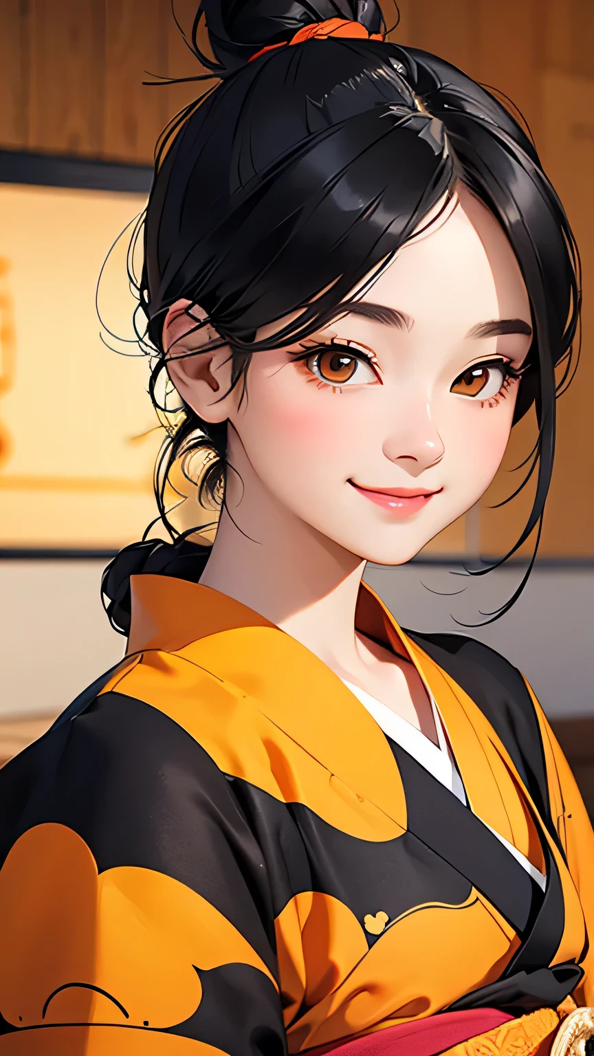 highest quality、Realistic、Women、zoom、cute、Orange Eyes、black hair、Bun Hair、kimono、smile、Looking down、smile、Bust Shot、
