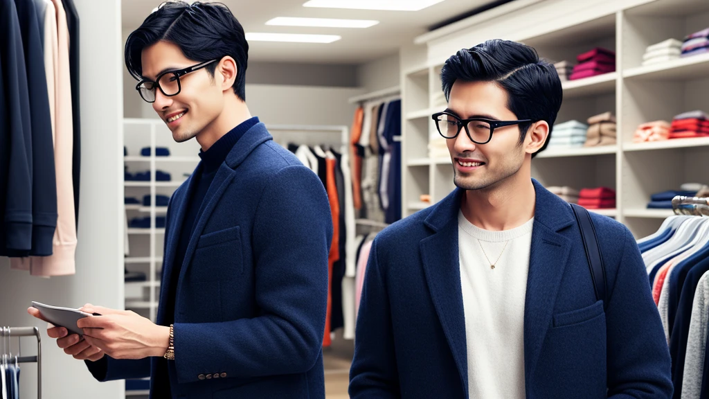 (masterpiece:1.2), high quality, High resolution, Man looking at clothes in a fashion shop, 26 years old,One man,Japanese,Short curly black hair, Wear glasses, Beardless,seems kind 、smile, Navy blue jacket, Black trousers, detailed, complicated, Fashionable clothing store, Realistic style, Warm lighting, Shopping Scene