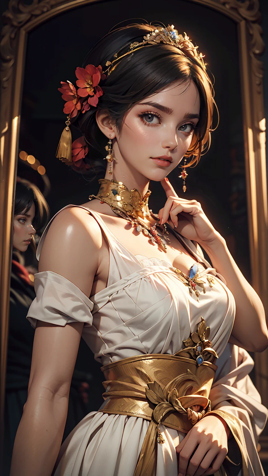 wgz style,Highly detailed portrait of a beautiful woman,Perfect female makeup,Classical Oil Painting,Shirow Masamune, William Tae Kim
