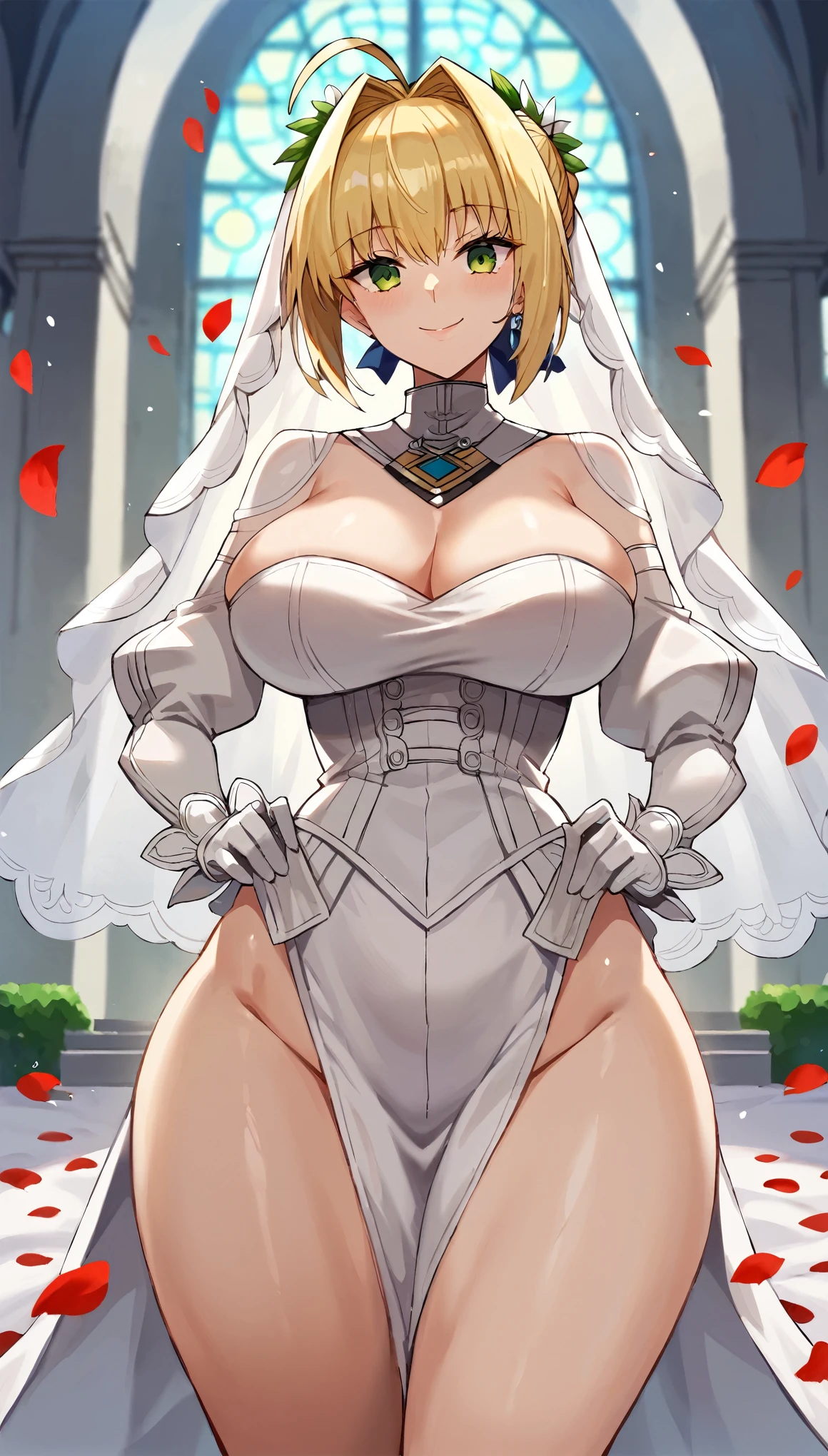 score_9, score_8_up, score_7_up, score_6_up, source anime,masterpiece,best quality,1girl,nero claudius \(bride\) \(fate\), nero claudius \(bride\) \(third ascension\) \(fate\), nero claudius \(fate\),Bride1st,NeroCCC Form,large breasts,wide hips,thick thighs,smile,luxury,white church,white theme,rose petals,cowboy shot,