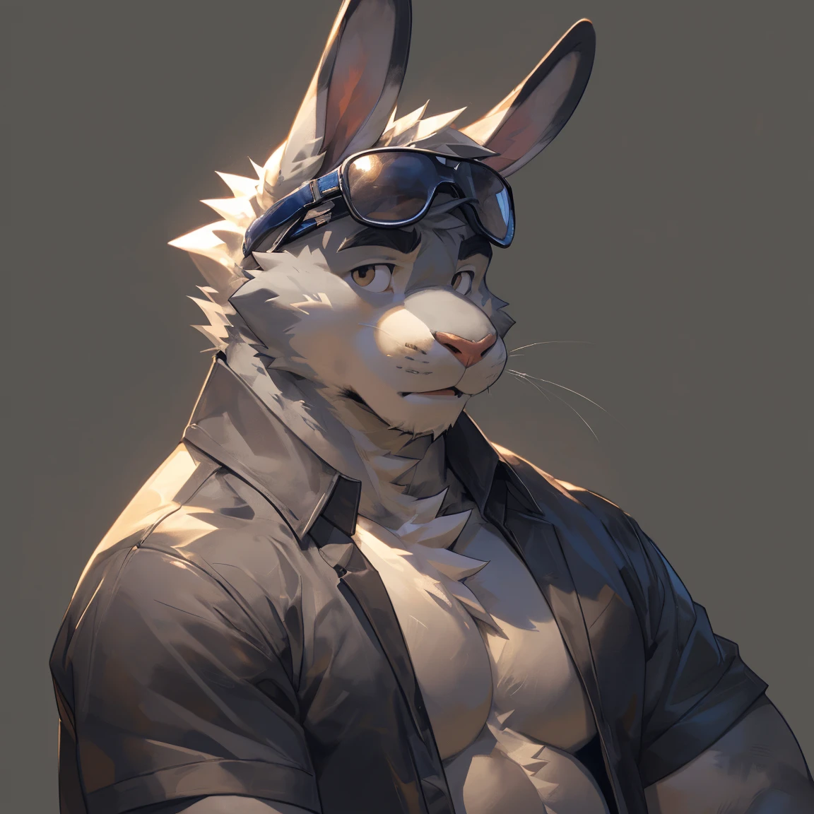 Handsome rabbit, light gray, light gray rabbit, solo, without hair, shirtless, in jeans, baggy pants, By mystikfox61