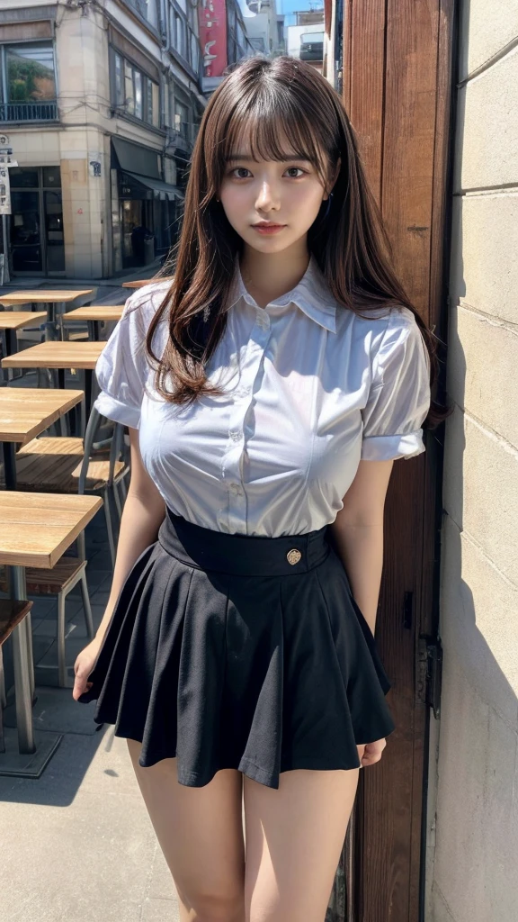 masterpiece, best quality, illustration, Super detailed, fine details, High resolution, 8K,wall paper, perfect dynamic composition,(Details High quality, realistic depiction of eyes:1.3), waitress uniform, restaurant, huge breasts, short bob hair、black hair color, Big Natural Color Lip, (perfect body shape), crying a little、cold gaze, Harajuku style、20 year old girl、cute type、lolita、beautiful legs, focus on crotch, full body photo, gravure idol