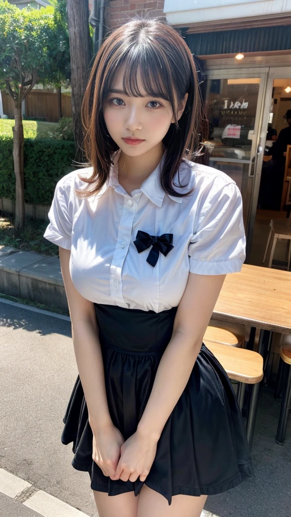 masterpiece, best quality, illustration, Super detailed, fine details, High resolution, 8K,wall paper, perfect dynamic composition,(Details High quality, realistic depiction of eyes:1.3), waitress uniform, restaurant, plump breast, saggy breasts、expresses the roundness and softness of your chest, Don't expose it, short bob hair、black hair color, Big Natural Color Lip, (perfect body shape), crying a little、cold gaze, Harajuku style、20 year old girl、cute type、lolita、beautiful legs, focus on crotch, full body photo, gravure idol