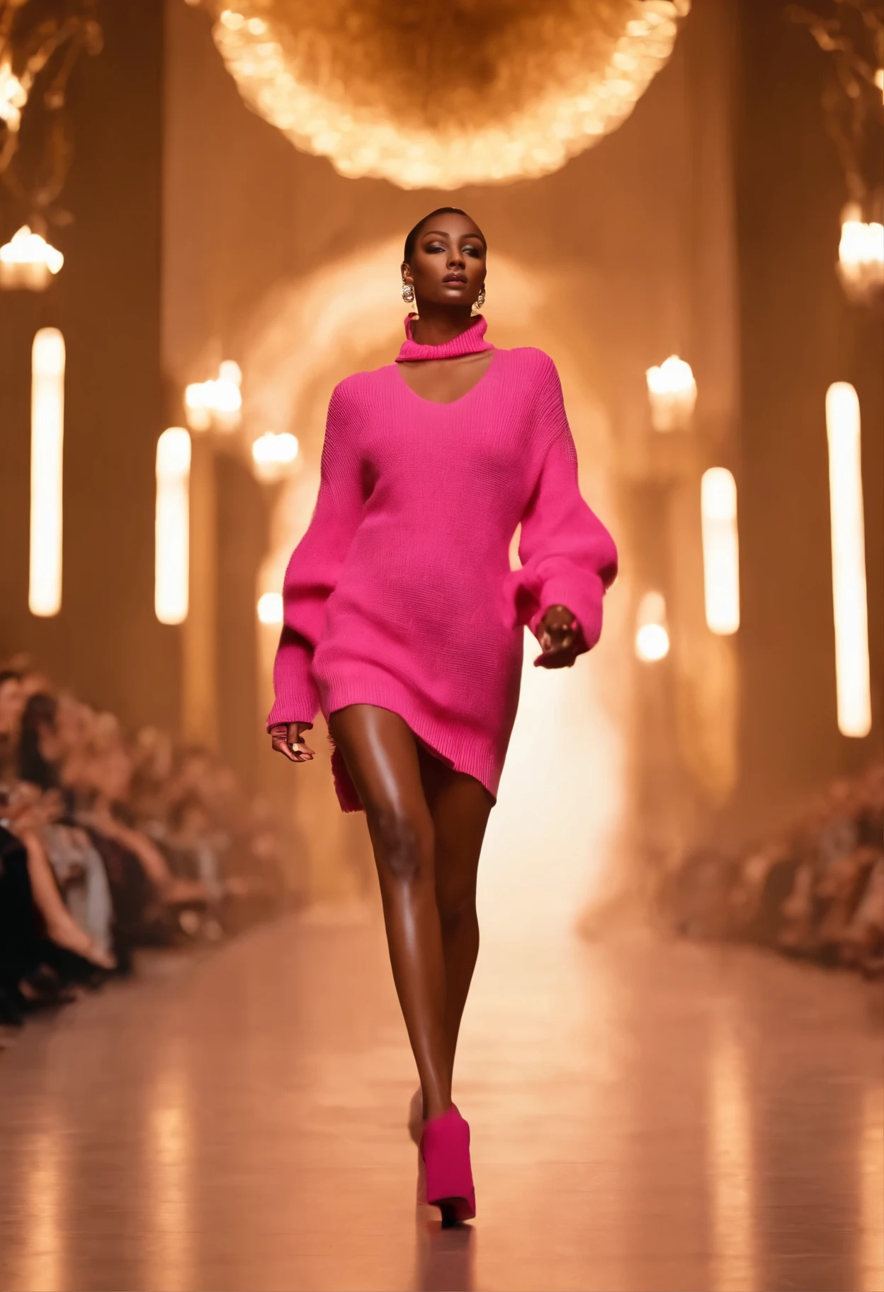 masterpiece,
(a whole body:1.5) , 
(high heels,:1.5),
a female model, 
short hair , 
well-styled hair , 
walking down fashion runway, 
towards camera,
direct eye contact,
beautiful , 
natural beauty, 
model, 
4K, 
realistic, 
textured skin, 
BREAK, wearing pink Knit Pullover,
