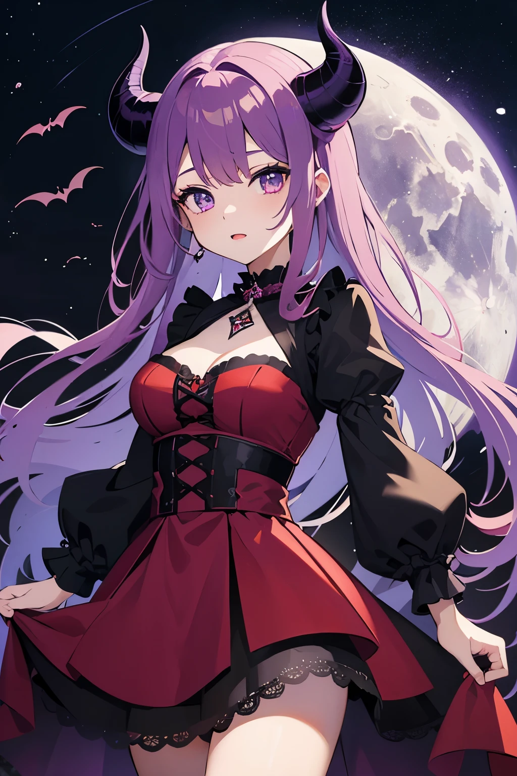 (masterpiece、highest quality:1.2)、One girl、solo、Devil horns、Purple Eyes、Dark red dress、Night Sky、full moon、Gothic Style、Halloween、jewelry、Devil's Wings、Earrings、Bridal Gauntlet、Gloves、For the viewer、Grey Hair、Long Hair、hair band、bangs、blush、Bad Smile、Black Boots、Upper Body、Dark Theme、
