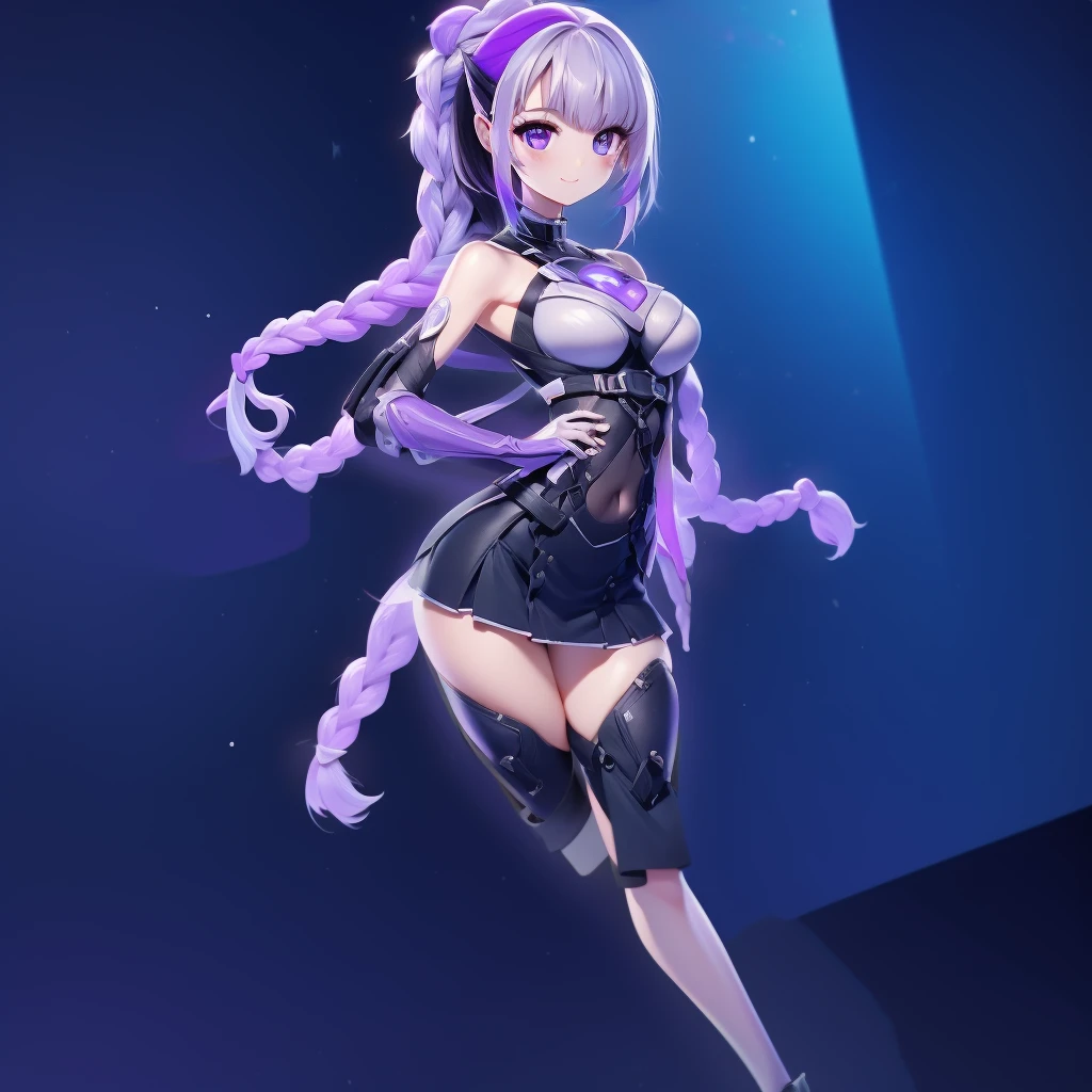ちび男女のCouple、cute、3D Figure、(Masterpiece、highest quality、Official Art、The best composition、CG、16K、Super detailed、Detailed eyes、Golden Ratio)、Couple(1boy,1girl)、girl(Her hair is a milky white and purple gradient.、Double braid、Black and white diamond-shaped hair ornaments on both sides、purple eyes, long hair, twin braids, purple hair, multicolored hair, elbow gloves, bangs, very long hair,bare shoulders, black skirt, dress, smile, side cutout,covered navel, side cutout,cryptic girl)、boy(Her hair is a short, black and white gradient.、cyberpunk school uniform)、hologram、Disorganized、c0upl3