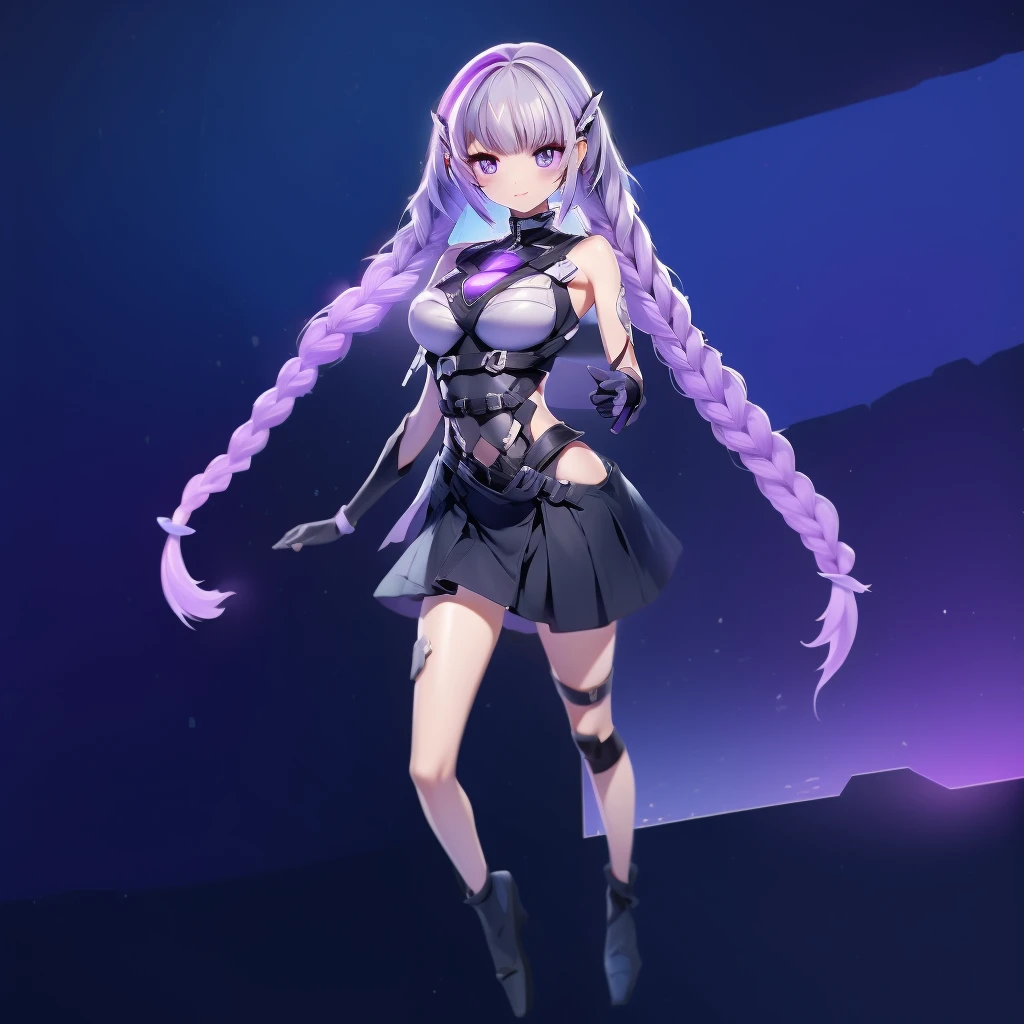 ちび男女のCouple、cute、3D Figure、(Masterpiece、highest quality、Official Art、The best composition、CG、16K、Super detailed、Detailed eyes、Golden Ratio)、Couple(1boy,1girl)、girl(Her hair is a milky white and purple gradient.、Double braid、Black and white diamond-shaped hair ornaments on both sides、purple eyes, long hair, twin braids, purple hair, multicolored hair, elbow gloves, bangs, very long hair,bare shoulders, black skirt, dress, smile, side cutout,covered navel, side cutout,cryptic girl)、boy(Her hair is a short, black and white gradient.、cyberpunk school uniform)、hologram、Disorganized、c0upl3