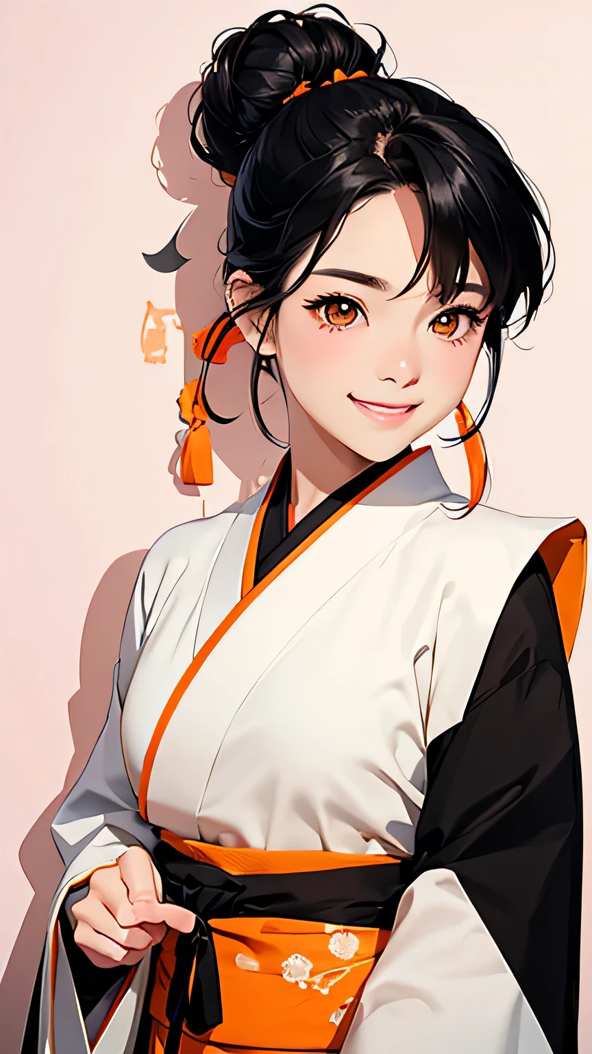 highest quality、Realistic、Women、zoom、cute、Orange Eyes、black hair、Bun Hair、White kimono、smile、Looking down、smile、Bust Shot、