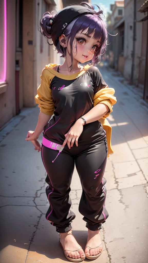 1girl, solo, sharp nose, reddish mouth, blush, eye-catching lips, shonen style, wide eyes, happy, cute look, neon lighting:0.8, scenery, (underbuttocks:0.9), purple hair, bangs, pixie cut, ahoge, (profile), (feet out of frame), gray jumpsuit, black sweatpants, (thin face), ((sharp focus)), (((masterpiece))), (detailed clothing:1.3), (detailed body:1.2), ((perfect face)), ((perfect nose)), ((perfect eyes))