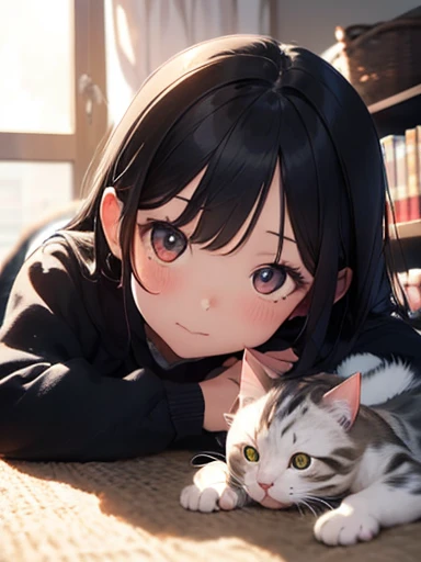 masterpiece, 最high quality, (((Girl lying face down)))、((Cat lying on head))、, Beautiful fine details, Beautiful detailed cat,, Very fine fur, Soft and fluffy, Adorable, Playful, Curious look, Long Hair Girl, Girl looking up at cat, Intricate details, high quality, 8k, Realistic, masterpiece, Natural light, Warm tones