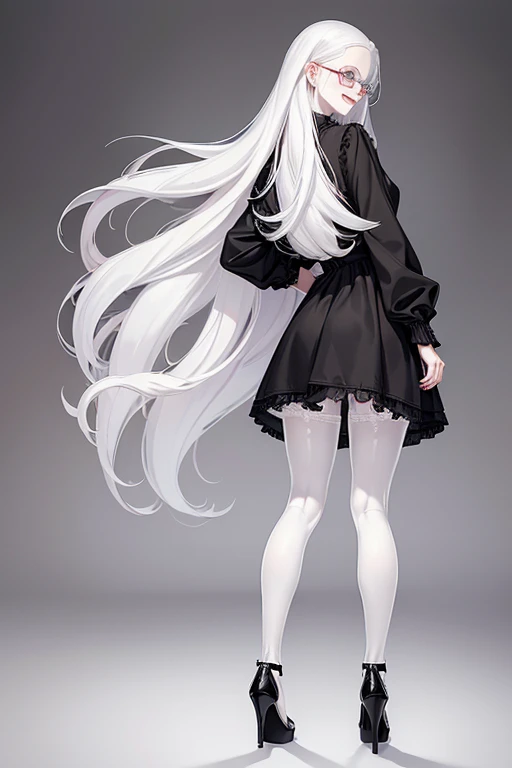 character concept art, multiple different angles, woman, white hair, blue eyes ,black turtleneck sweater dress, fishnet tights, black high heels, silver hoop earrings, long hair, good face, good eyes, my hero academia