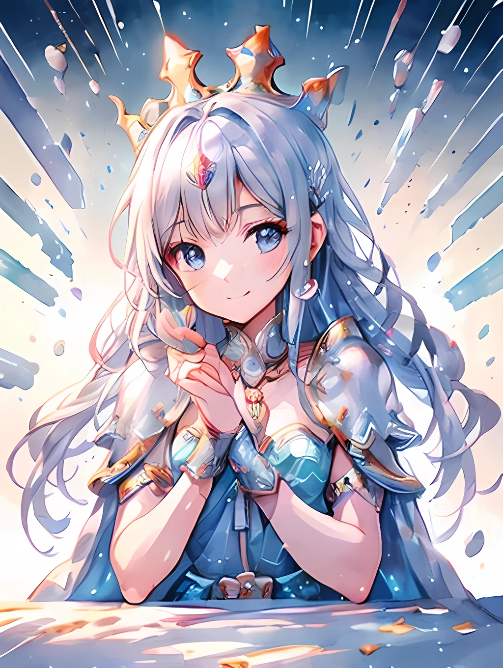 Clear background,Girl、Brave、Beautiful and elegant armor、Plate Armor、Chainmail、Cape、Cape、Small Crown、tiara、Amulet、pendant、bracelet、ring、A large legendary sword engraved with magical powers and symbols.、Powerful Shield、courage、Decisiveness、leadership、Responsibility、Feeling for friends、Dedication、sincerity、Justice、Excellent swordsmanship、High protection、magic、Big eyes、Long Hair、Elegant style、Beauty and charm,smile
