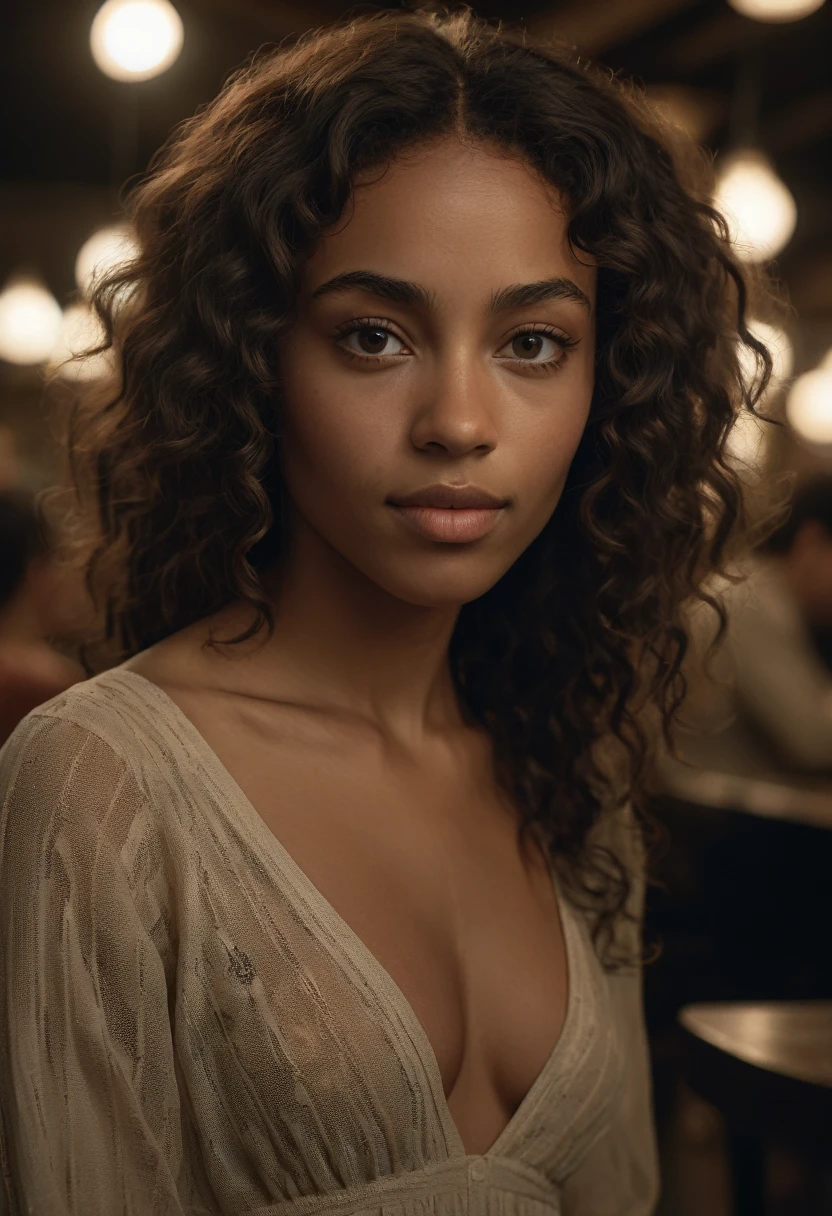 A cena inclui uma mulher com cabelos loiros longos e ondulados, olhos grandes e expressivos, pele clara, delicate and symmetrical features. Slender and curvilinear body, Average height, similar to the body pattern of Brazilian women. Create an immersive, full-view scene that transports the viewer to a world of wonder and awe. The composition fills the frame completely, providing an immersive and impactful visual experience. Lighting is meticulously planned to highlight each element of the scene, creating dramatic contrasts and highlighting subtle details. Natural and artificial light sources are combined to create a captivating and exciting atmosphere. Every detail is captured with precision and clarity, permitindo ao espectador explorar e descobrir cada aspecto da cena. The camera used is a high-resolution camera capable of capturing in full view., equipada com uma lente de grande angular de alta qualidade. Aperture is adjusted to ensure wide depth of field, permitindo que todos os elementos da cena estejam em foco, from foreground to background. Camera settings are optimized to capture a wide dynamic range, ensuring sharp details in both bright and dark areas of the scene. The end result is an immersive and captivating image that invites the viewer to immerse themselves in the world represented and explore each aspect with wonder and fascination.."