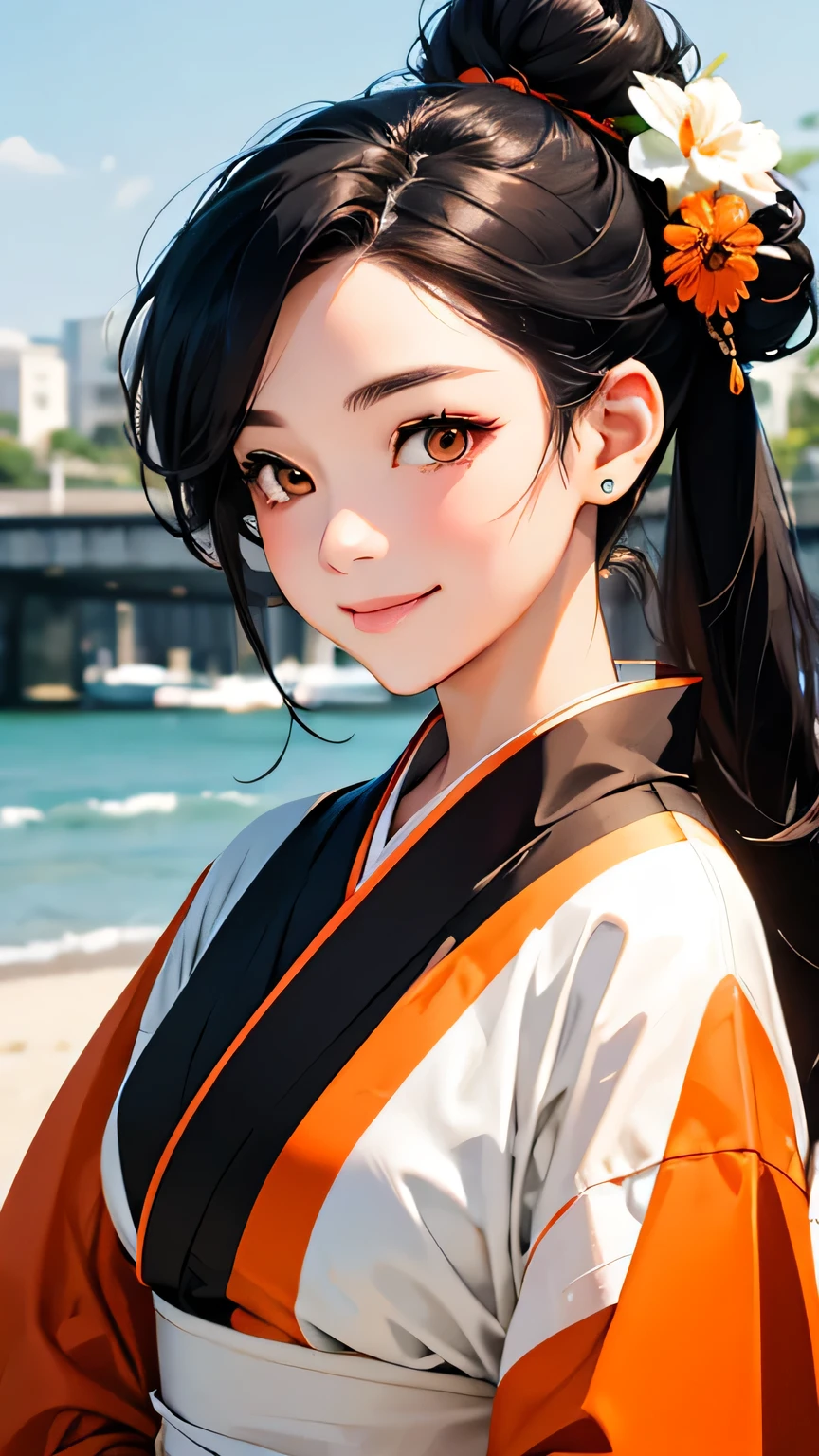 highest quality、Realistic、Women、zoom、cute、Orange Eyes、black hair、Bun Hair、White kimono、smile、Looking down、smile、Bust Shot、