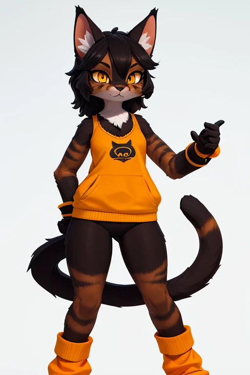 anthropomorphic brown furry kitten with black hair with yellow eyes with orange standing on a white background a furry feline lady 3D animation 1.90 mc furry con ropa colmillos y garras