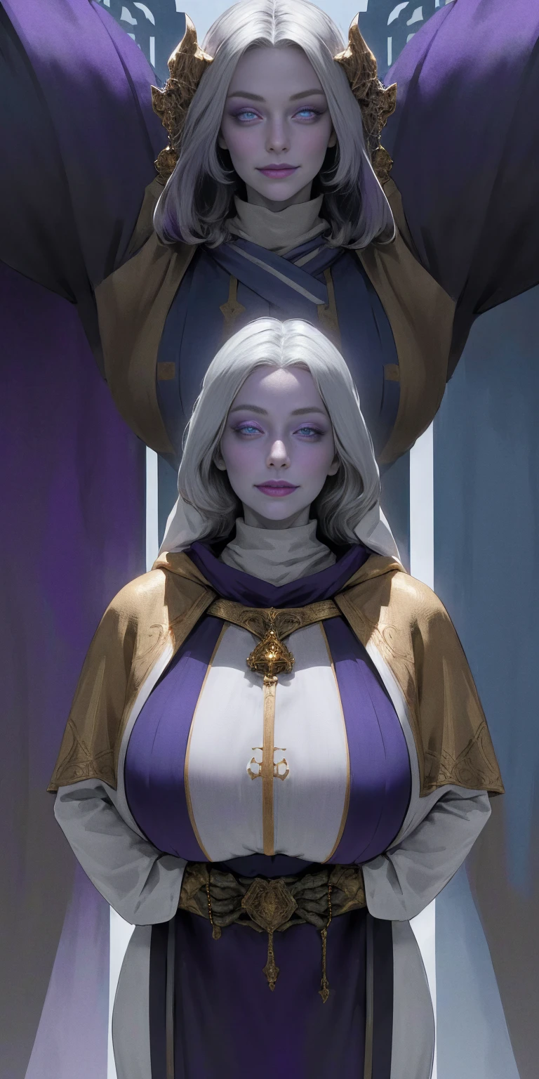 (Triplets)(chest covered)(smile)Gray skin, pale golden hair and violet eyes. They prefer clothing of white and silver with cloaks of deep blue or purple,village background, huge_knockers, ((very precise detailed)), ((highres)