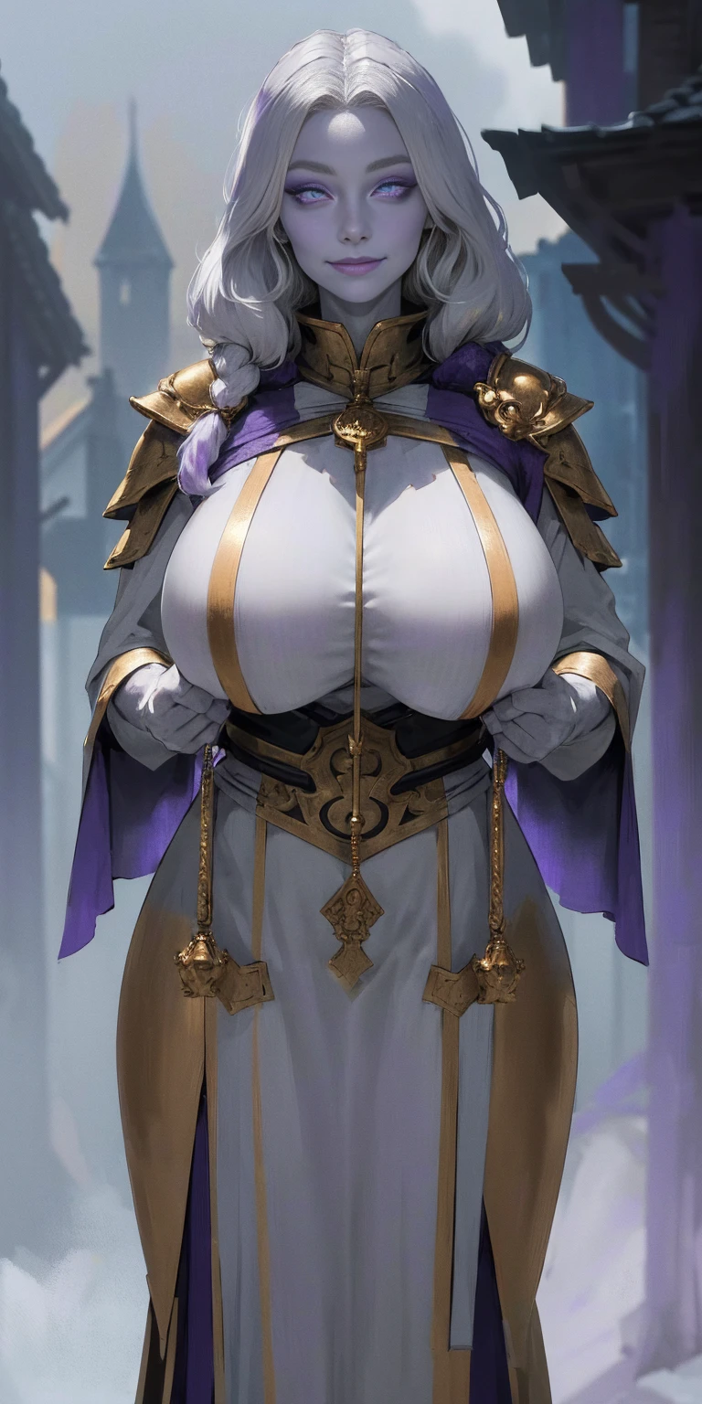 (Triplets)(chest covered)(smile)Gray skin, pale golden hair and violet eyes. They prefer clothing of white and silver with cloaks of deep blue or purple,village background, huge_knockers, ((very precise detailed)), ((highres)